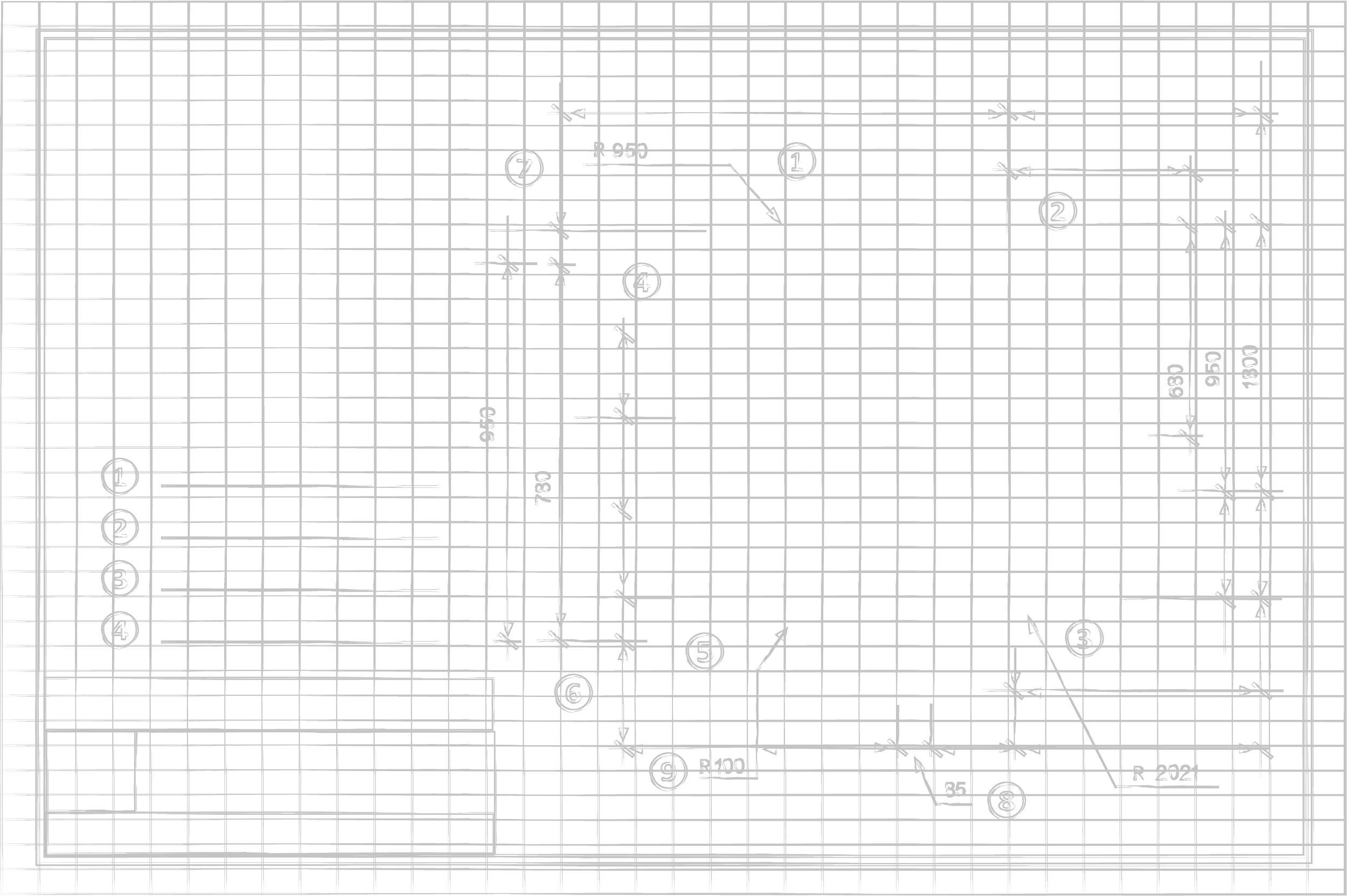 A detailed architectural blueprint or construction plan with measurements, technical symbols, and annotations.