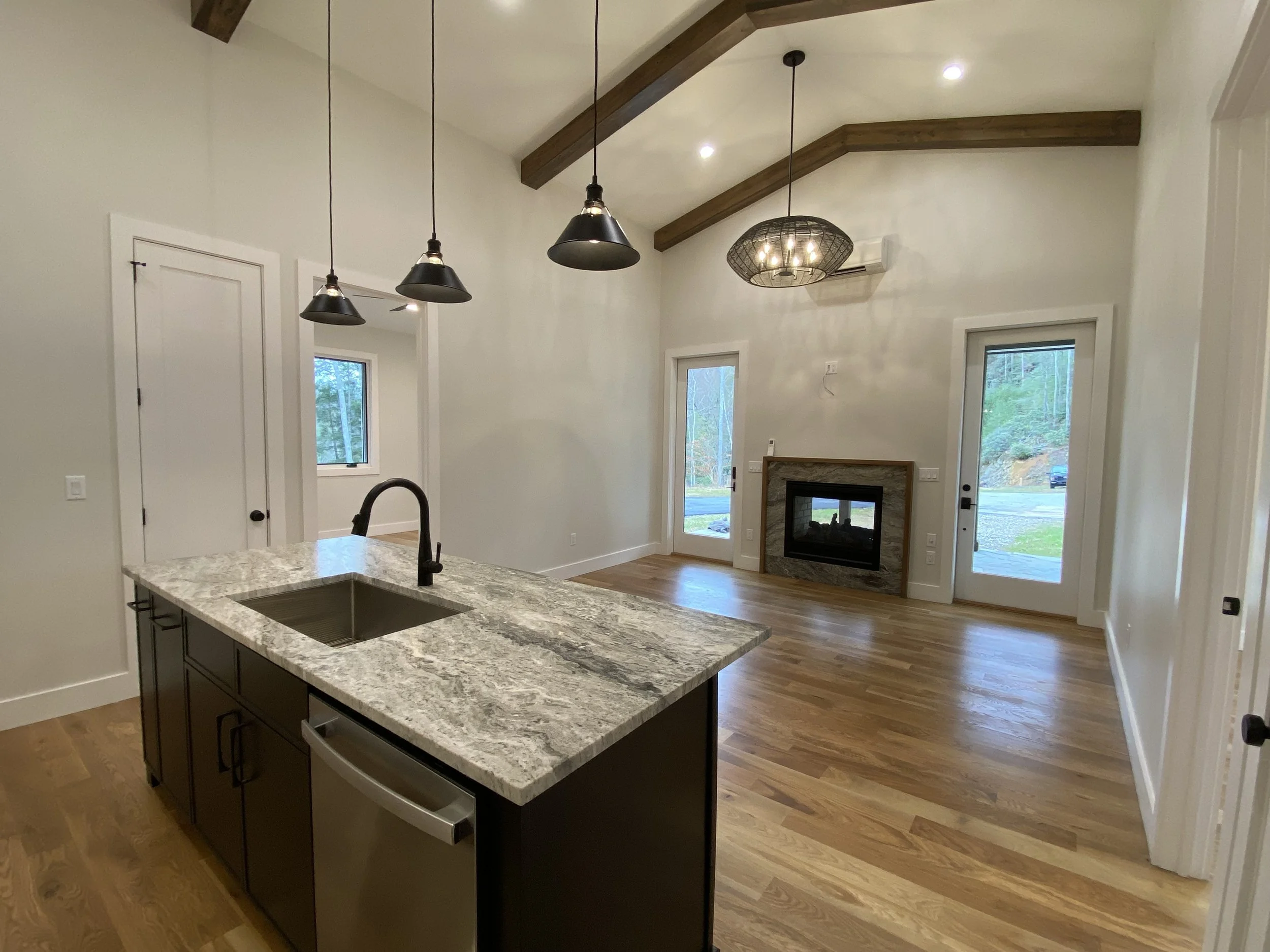 Great room in barndominium apartment in Madison County North Carolina built by Plumb Level Square