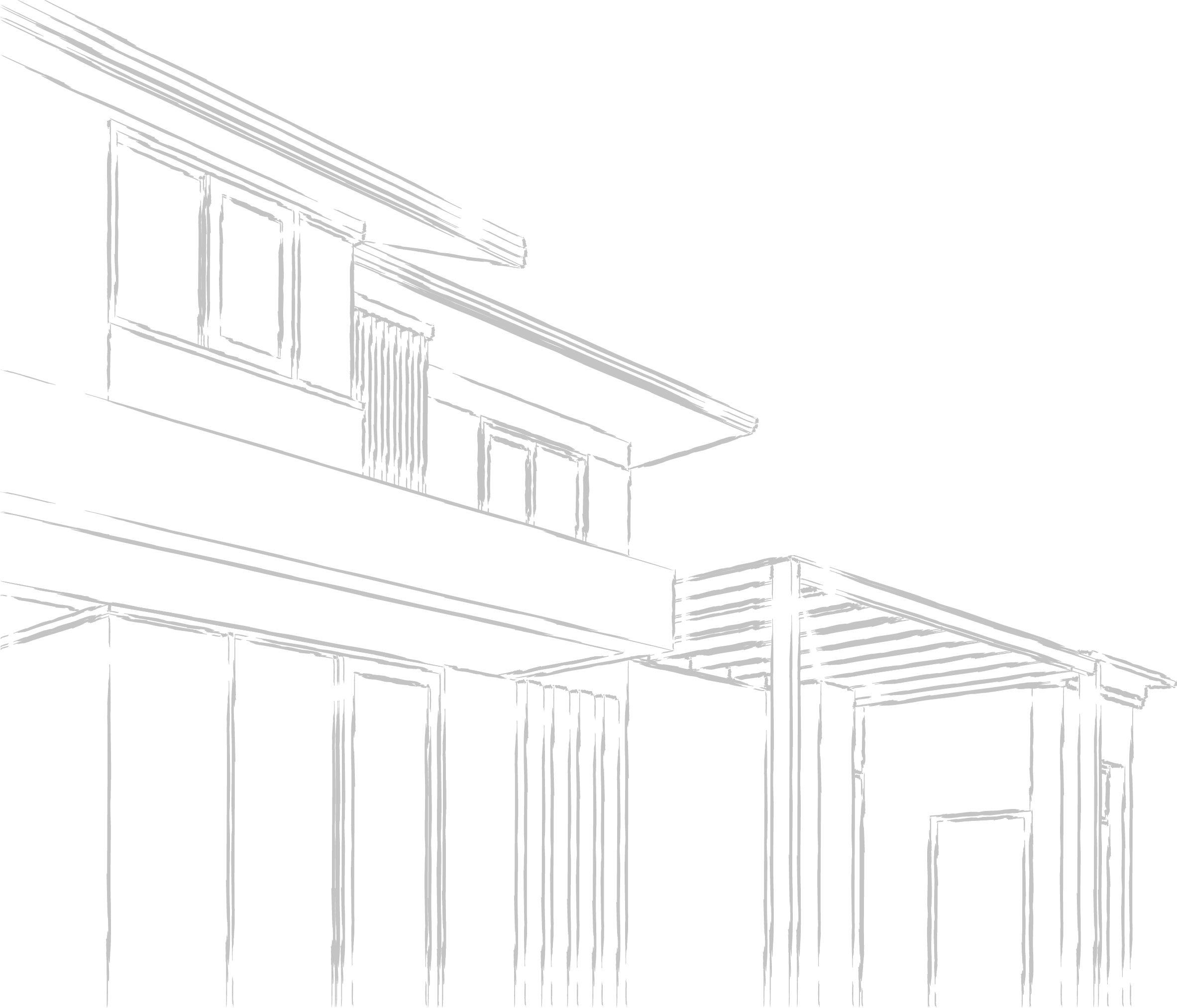 Line drawing of modern house exterior with large windows and flat roof