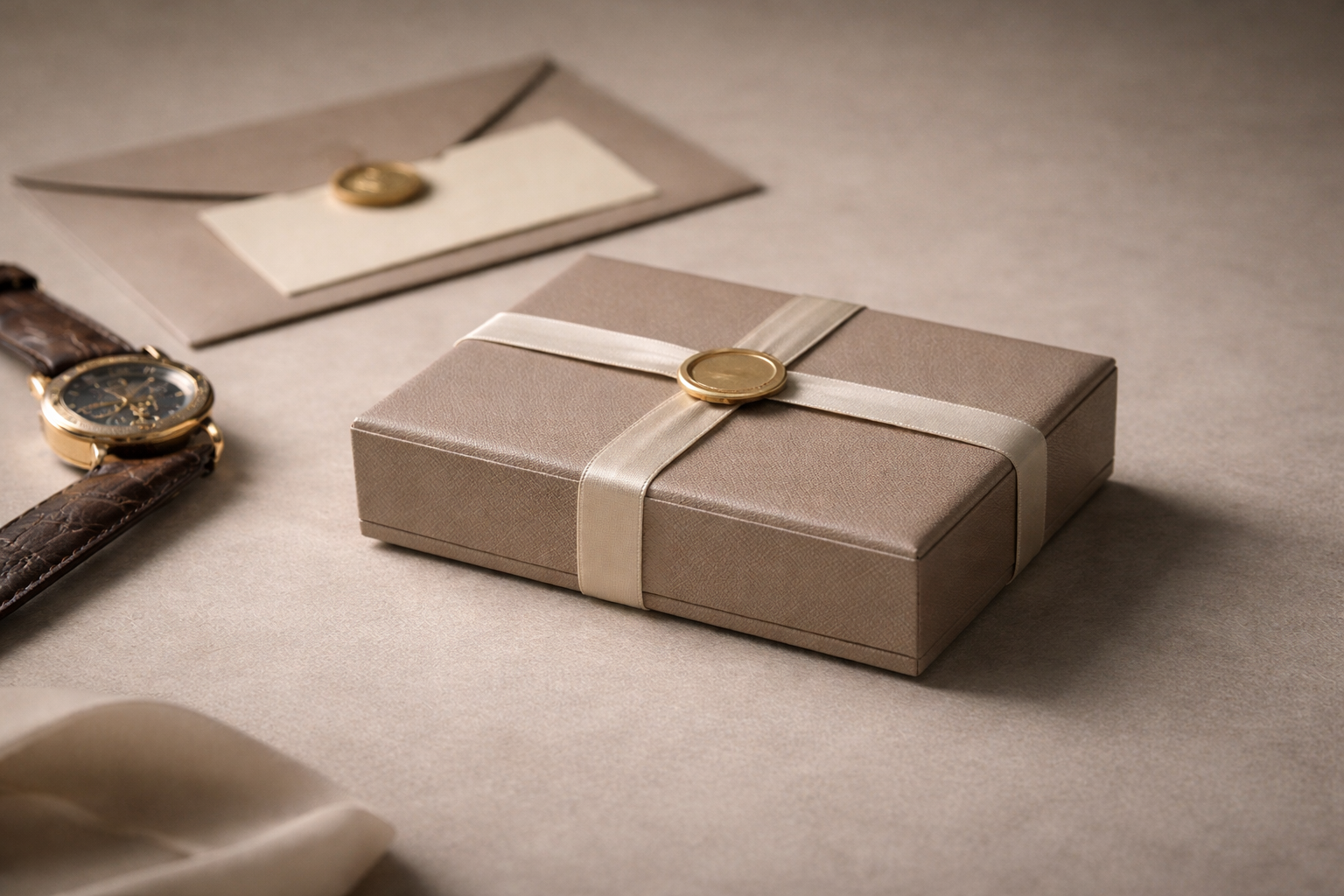 A beige gift box with a satin ribbon and a gold wax seal, a watch with a brown leather strap, an envelope with a wax seal, and a white cloth are arranged on a beige surface.