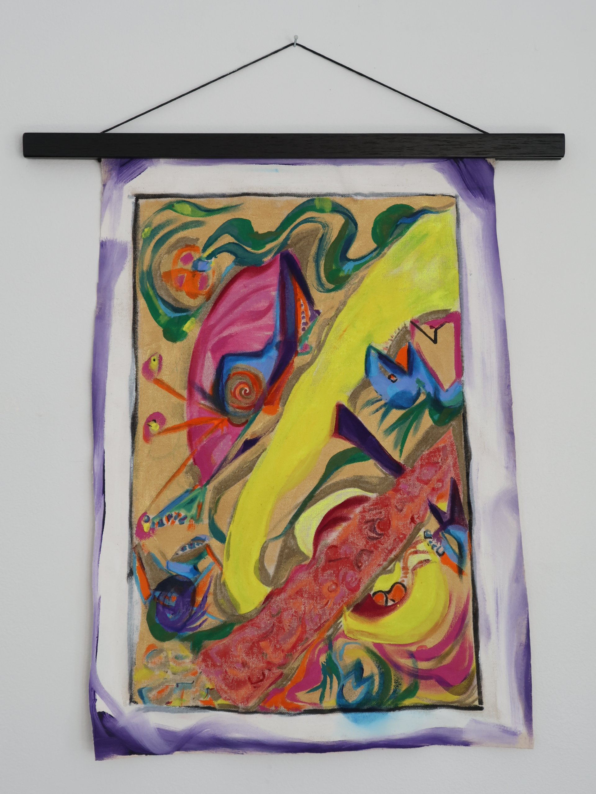 Joyous Beams of Light, paint marker and acrylic, on unprimed linen 19 ½ x 14”.