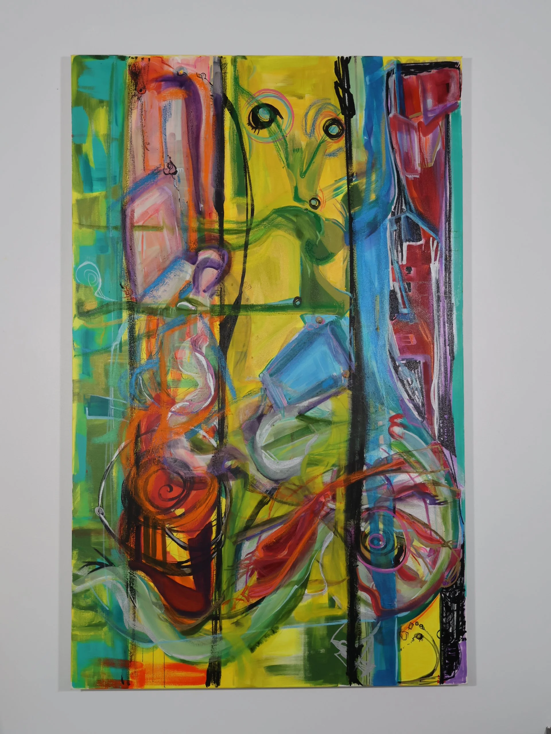 Shell Shock, paint marker, acrylic, and oil, on canvas, 48 x 30”.