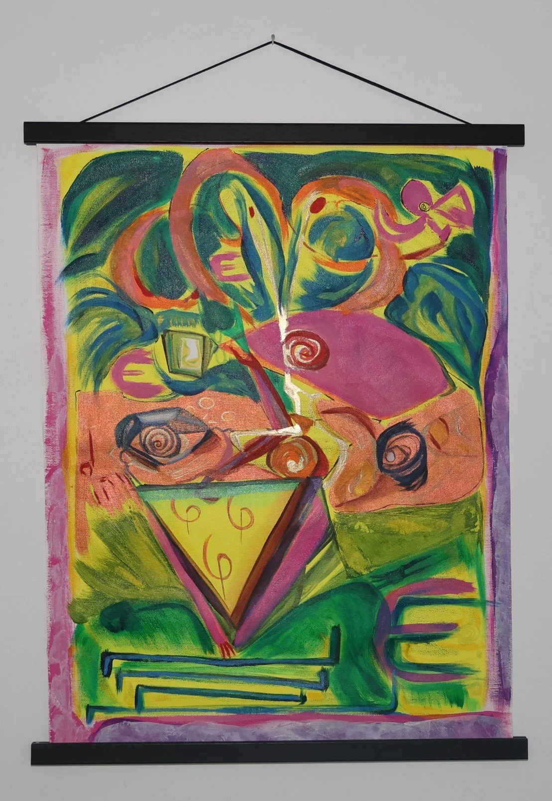  Feather Basket (categories of the eternal goof,) mixed media on canvas pad, 18 x 24”.