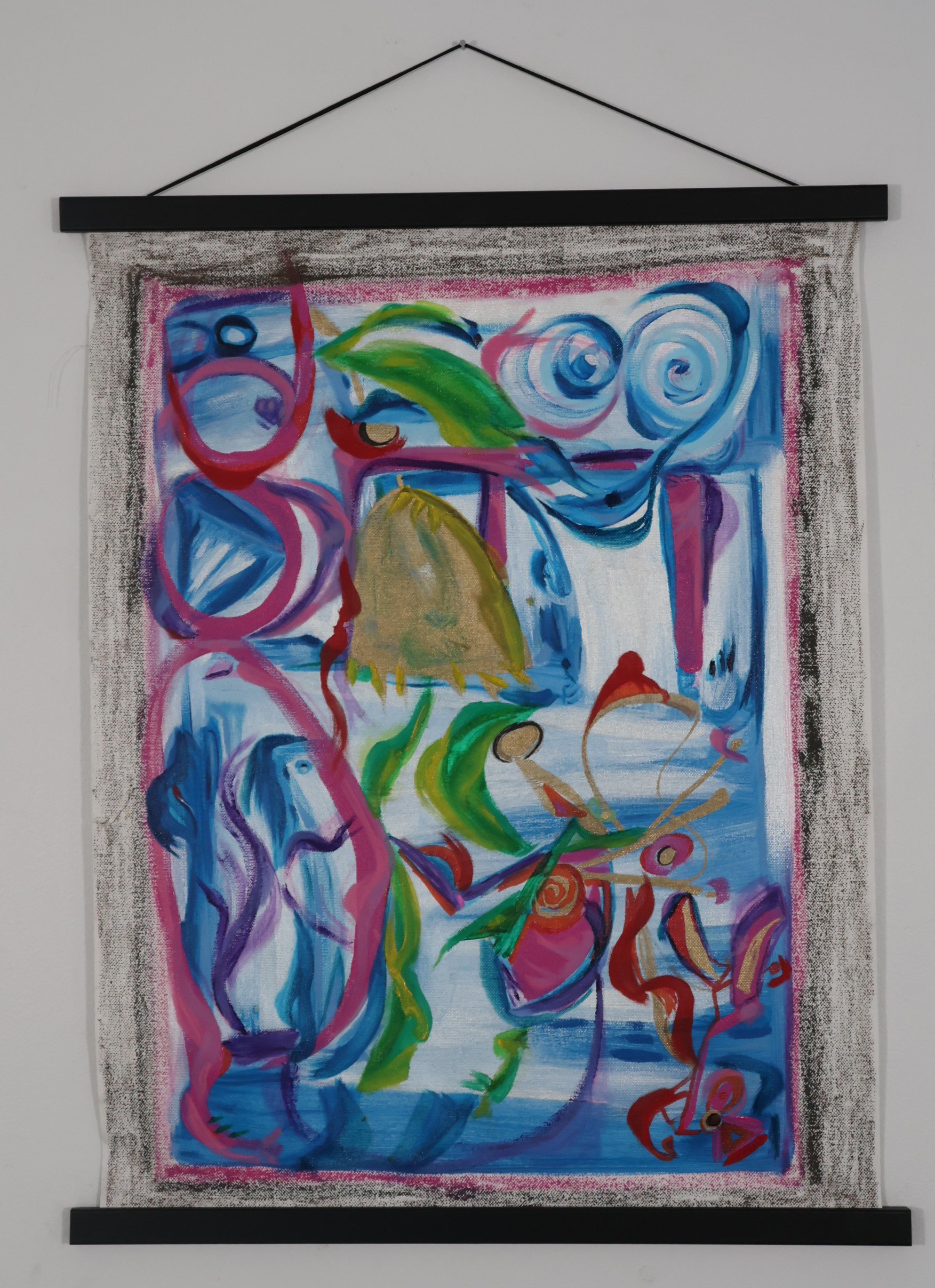 Feather Basket (passing through,) watercolor crayon, paint marker, acrylic, and pigment stick, on canvas pad, 24 x 18”.