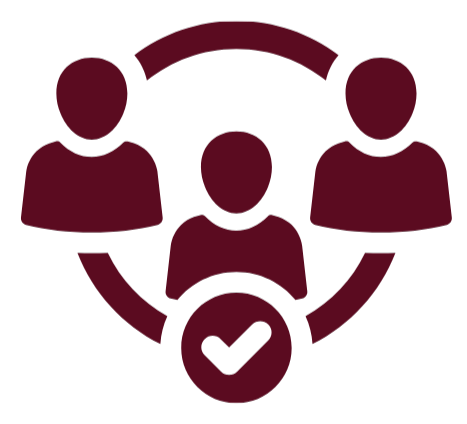 Icon of three people connected around a circle with a checkmark at the bottom, representing teamwork or verification.