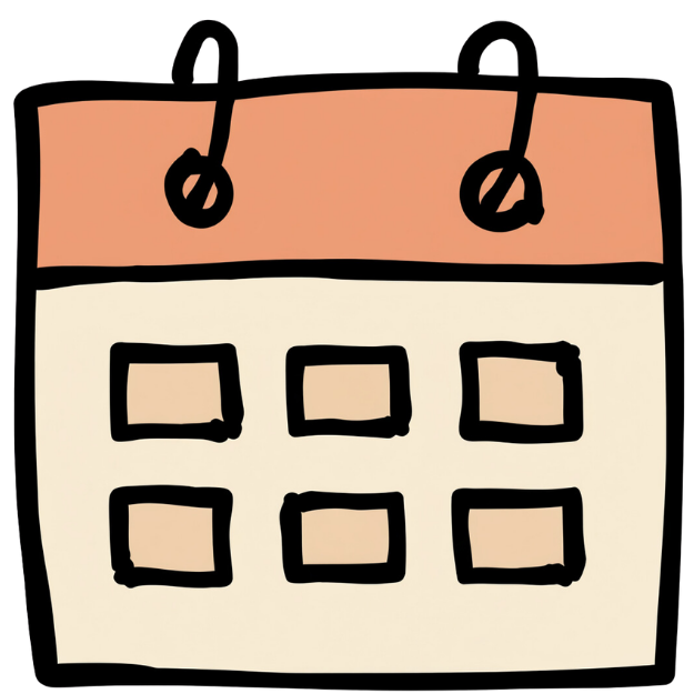 Hand-drawn calendar with six squares in two rows, beige and peach colors, and black outlines.
