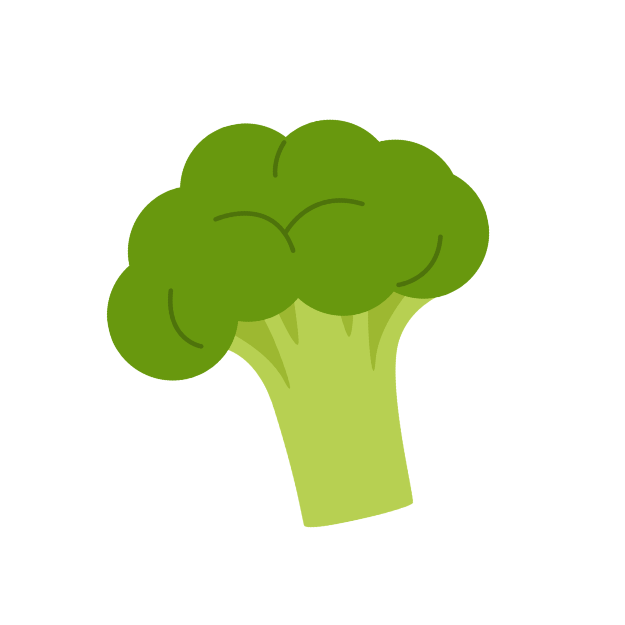 Cartoon illustration of a broccoli floret with a green head and stalk.