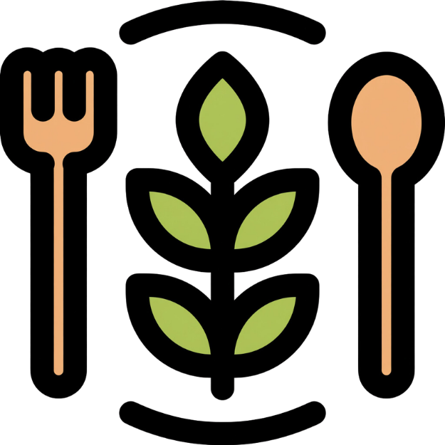Graphic of a fork on the left, a spoon on the right, and a cluster of green leaves in the center, symbolizing vegetarian or plant-based eating.