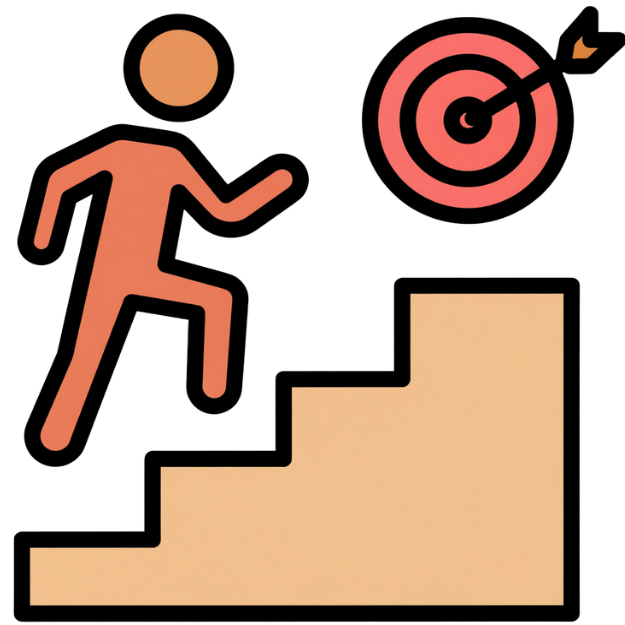 A simplistic illustration of a person ascending stairs toward a target on a wall with an arrow. The image symbolizes goal achievement or progress.