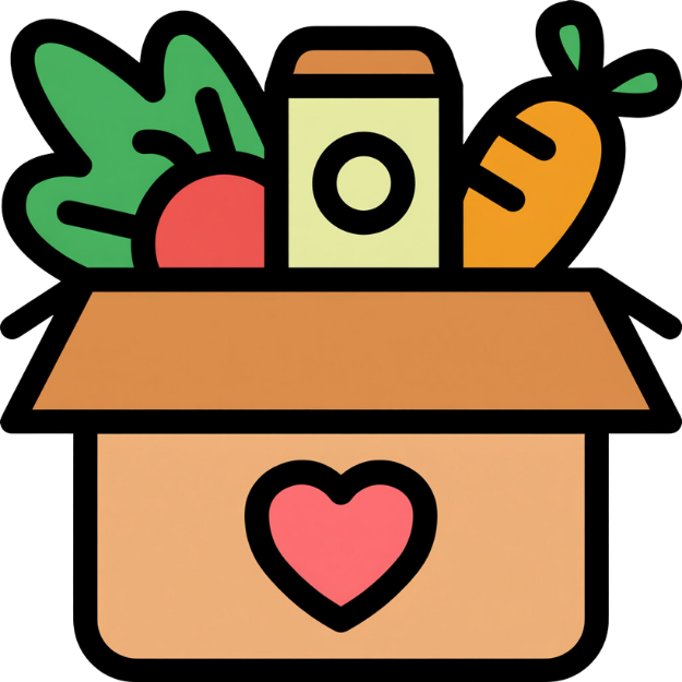 A gift box with a heart on the front, containing vegetables and a canned good, including a green leafy vegetable, an orange carrot, and a red tomato.