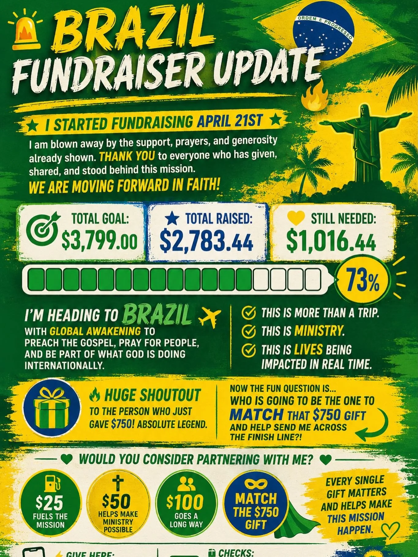 🚨🌴 BRAZIL FUNDRAISER UPDATE 🇧🇷🔥✈️

I kicked off fundraising on April 21st, and WOW the love, prayers, encouragement, and generosity have been absolutely incredible already. Seriously&hellip; THANK YOU to everyone who has donated, shared this pos