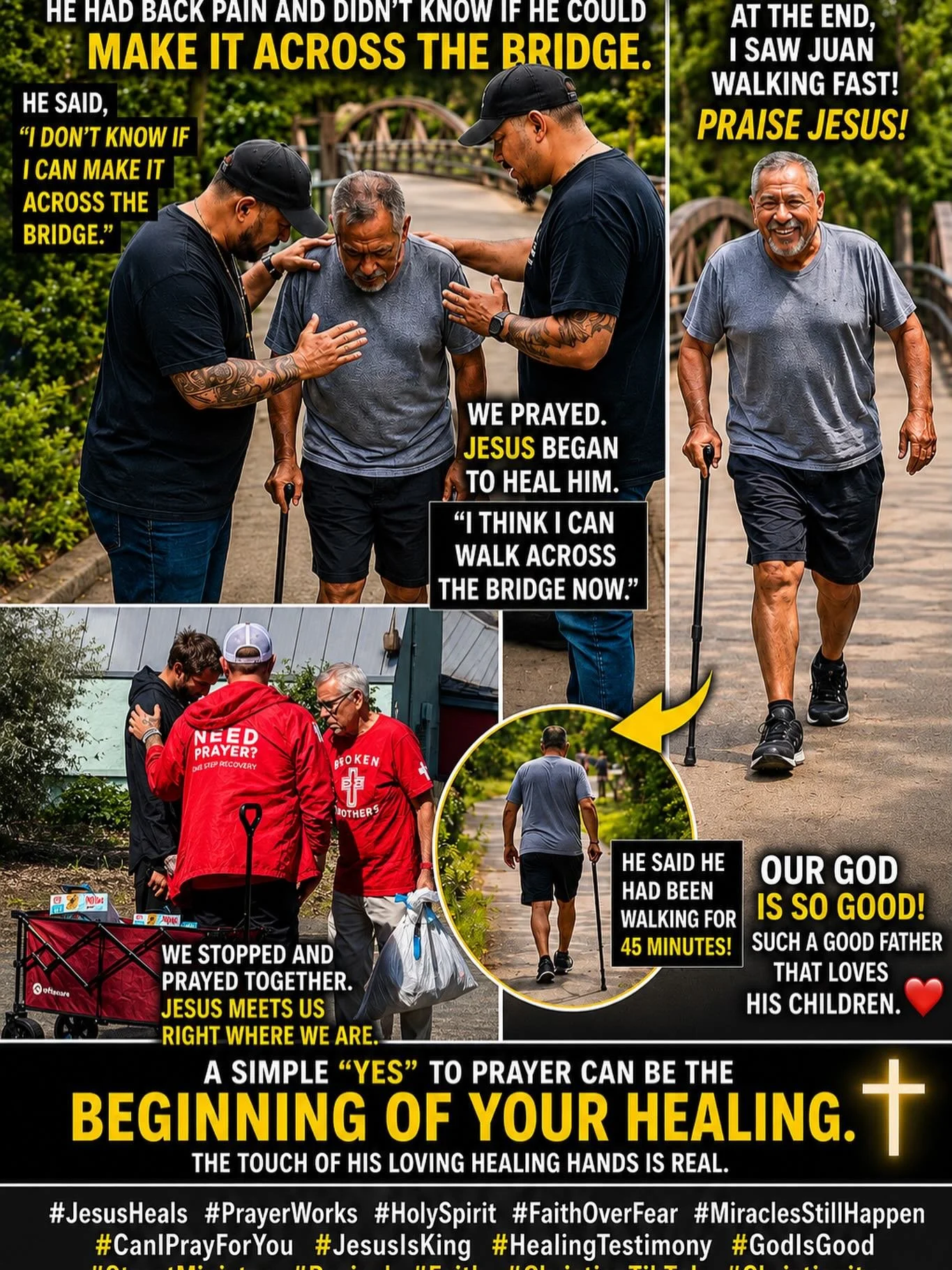 This week has already been a powerful week of dynamic prayer walks. 🙏🔥

Today at the park we met a man named Juan. He was walking with a cane and told us his back pain was so bad he didn&rsquo;t even know if he could make it across the bridge.

We 
