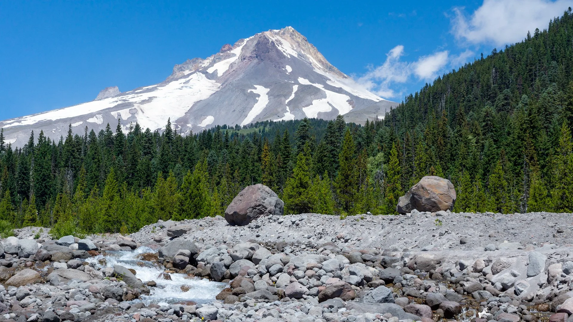 a landscape of the river bed at White River Sno Park with Mt Hood in the background