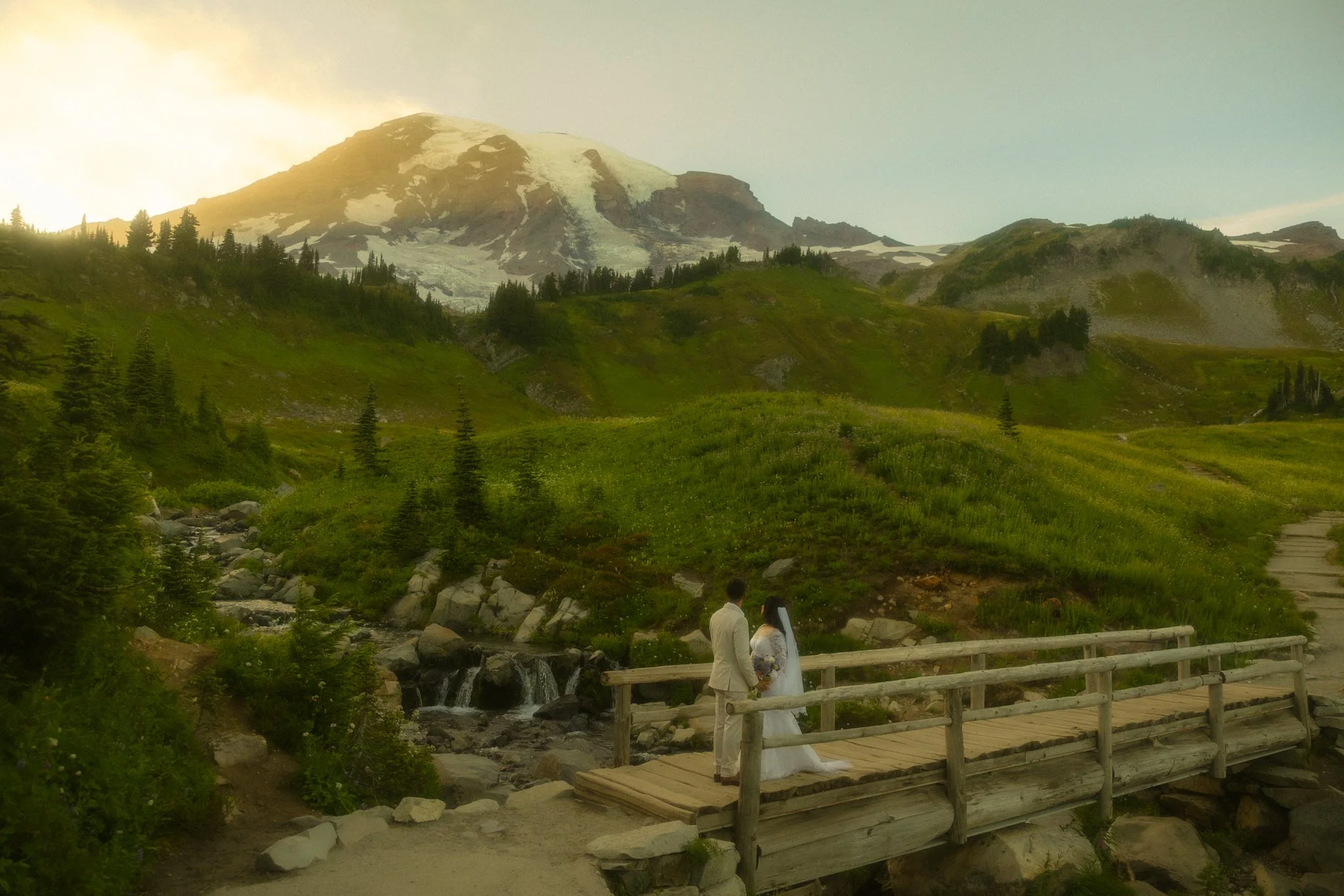 a couple eloping in Mt Rainier National Park on the Skyline Trail during the summer time