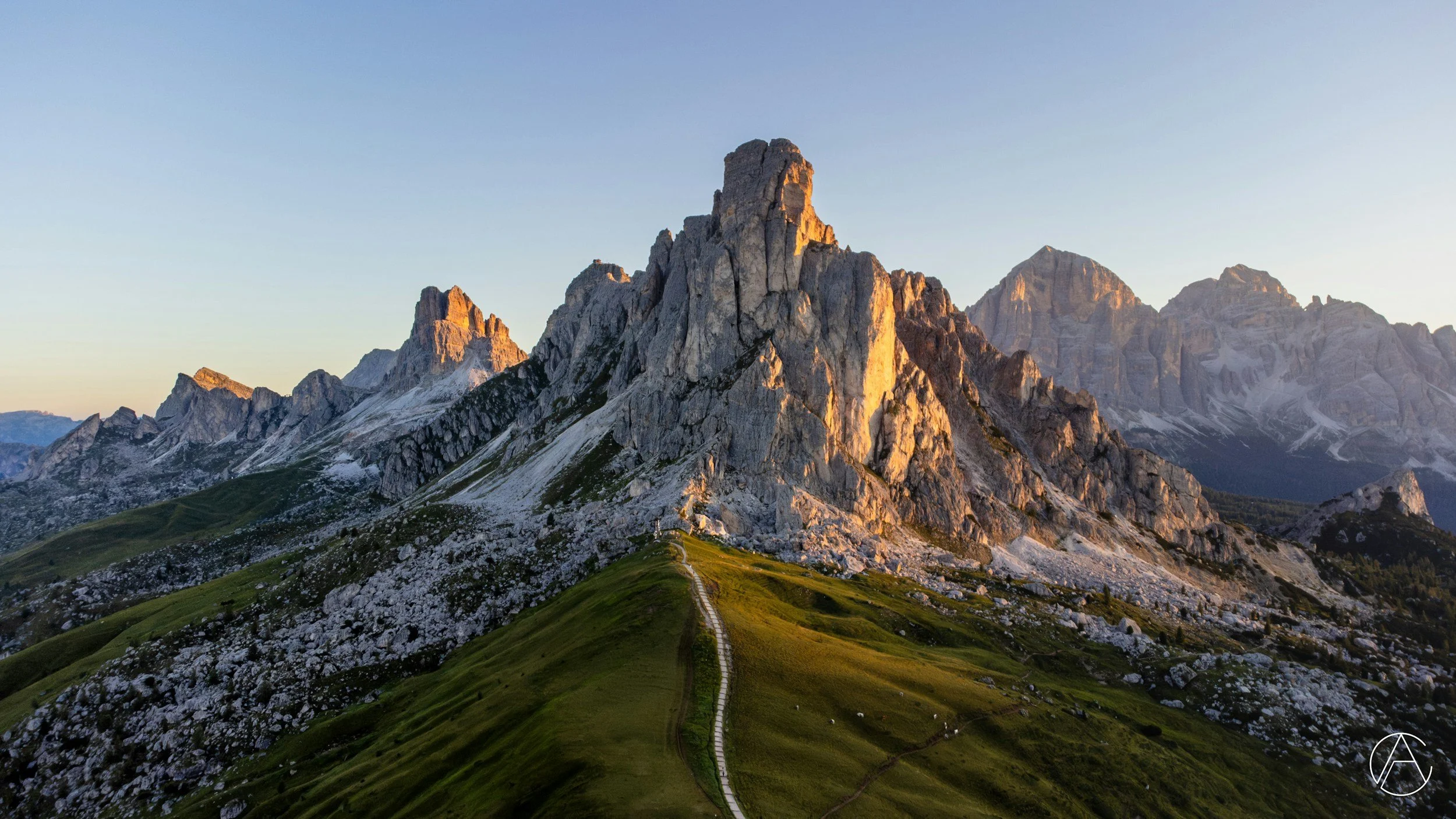 a landscape photo of Passo Giau at sunset in the Dolomites