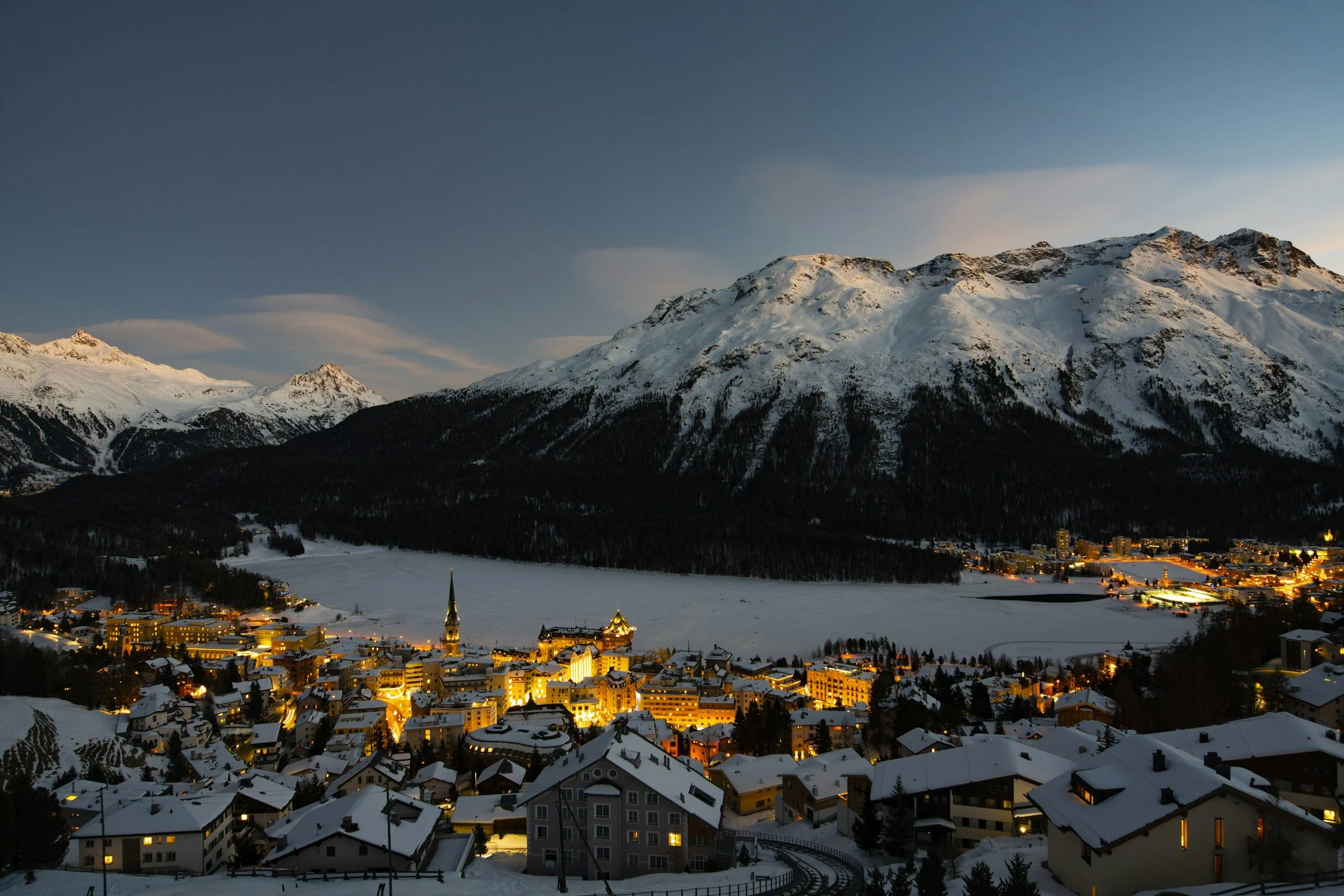 a snowy viewpoint of St Moritz in Switzerland