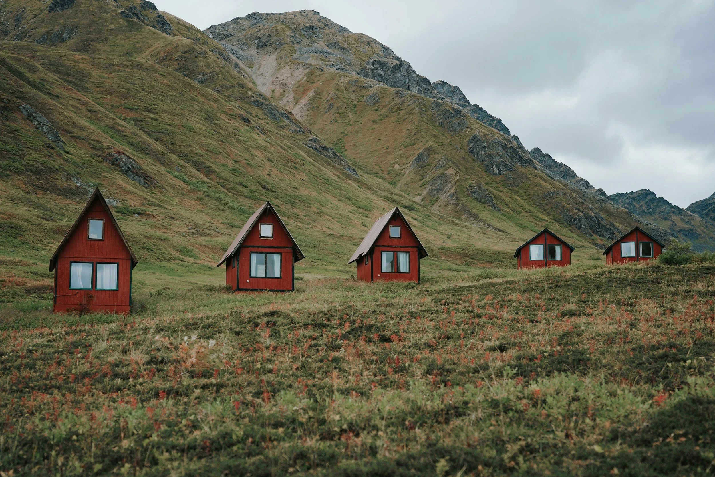 a photo of the little red lodges at Hatcher Pass in Alaska