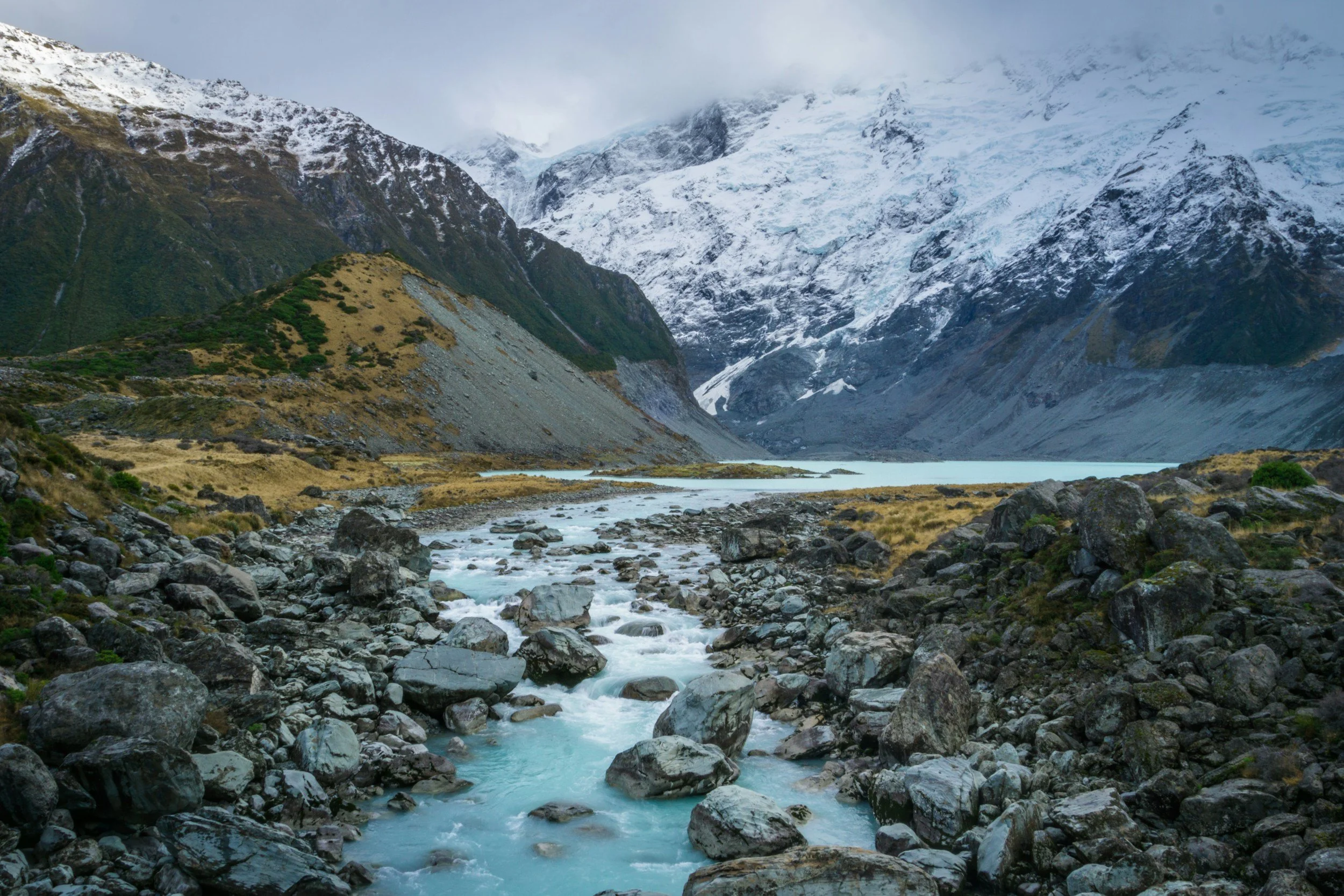 a landscape photos of glacial runoff in the mountains of New Zealand
