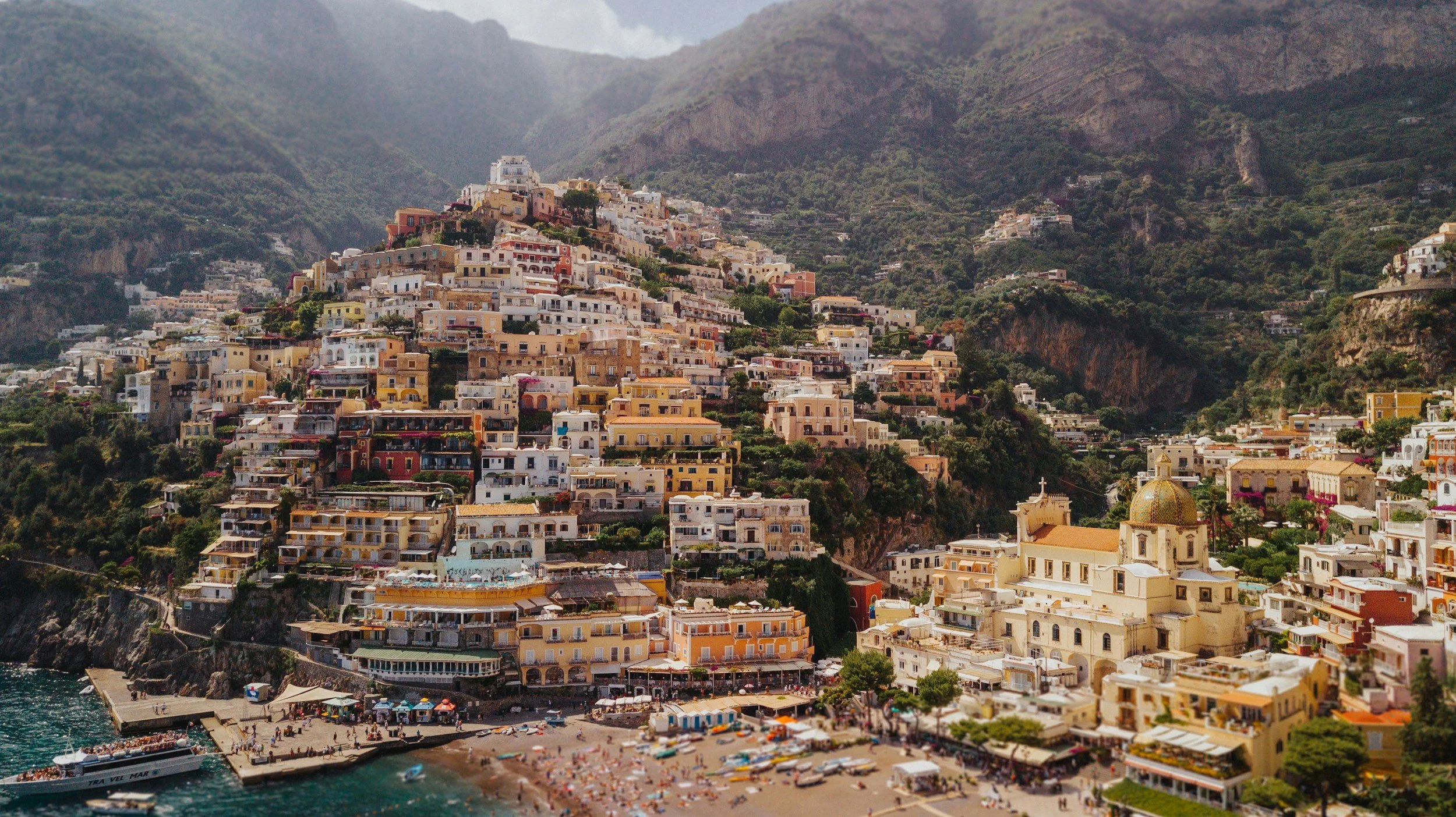 drone image of Positano along the Amalfi Coast