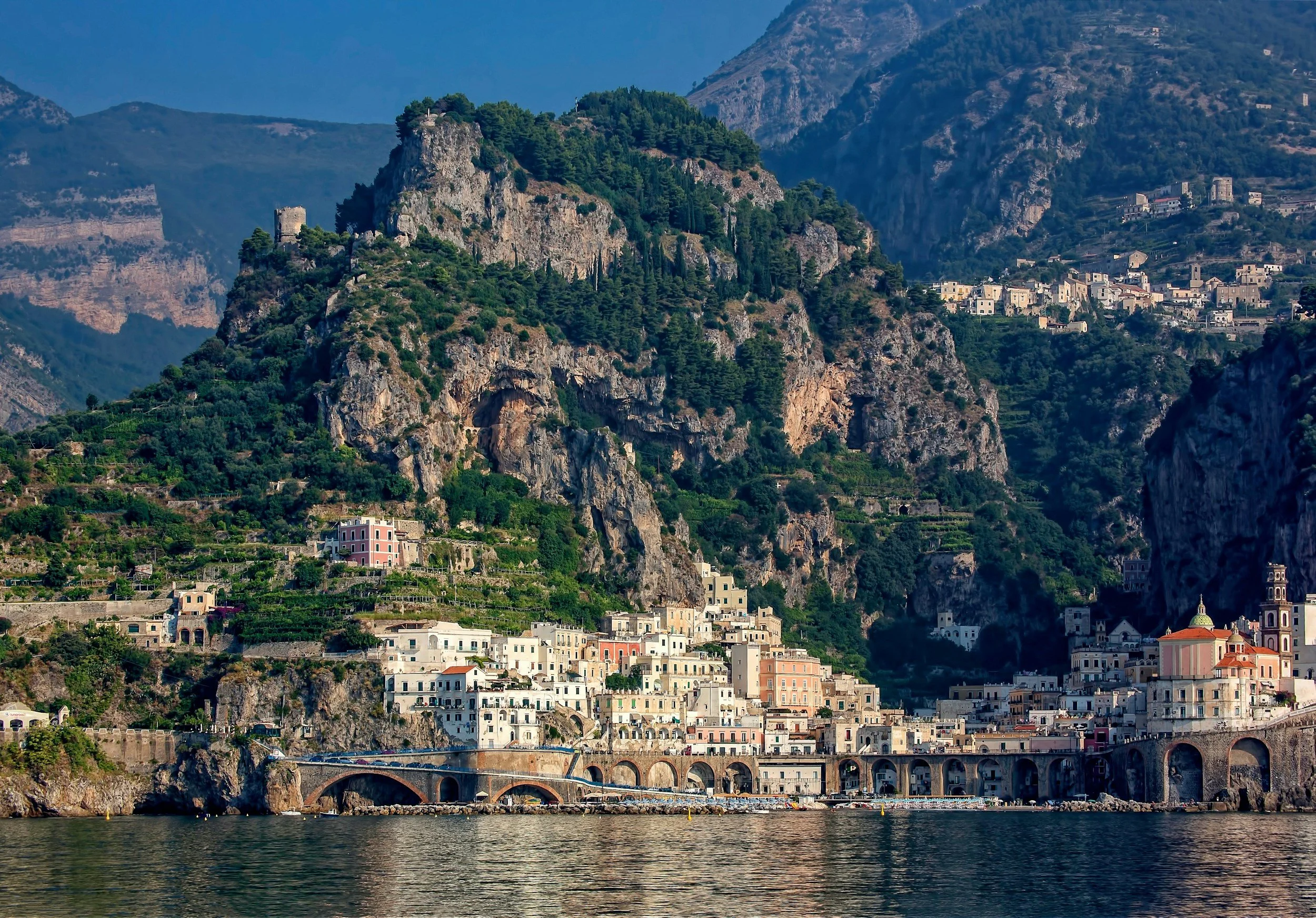 a landscape view of the Amalfi Coast from a boat