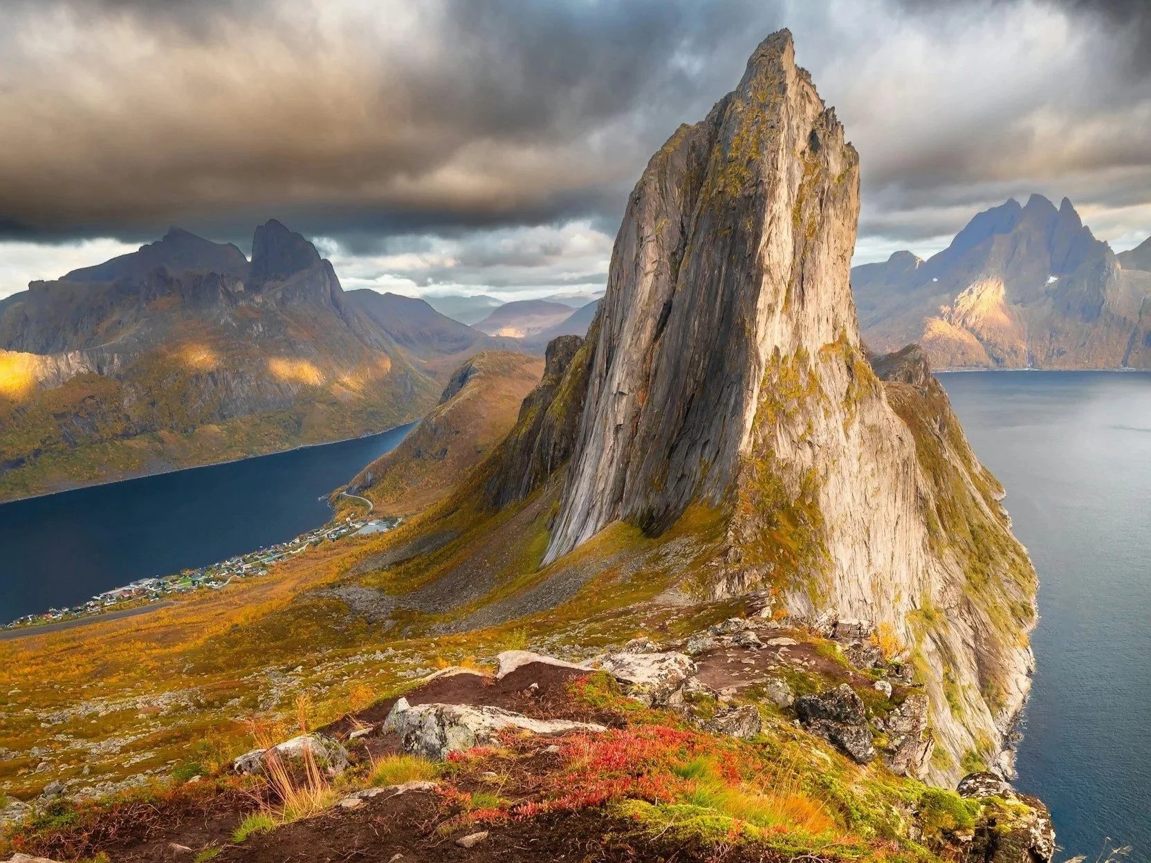 a rugged and unique mountain peak along a hike in Senja, Norway