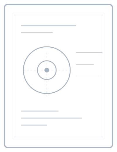 Illustration of a tablet or screen displaying a target shooting or aiming chart, with concentric circles and a crosshair in the center, and some lines of text.