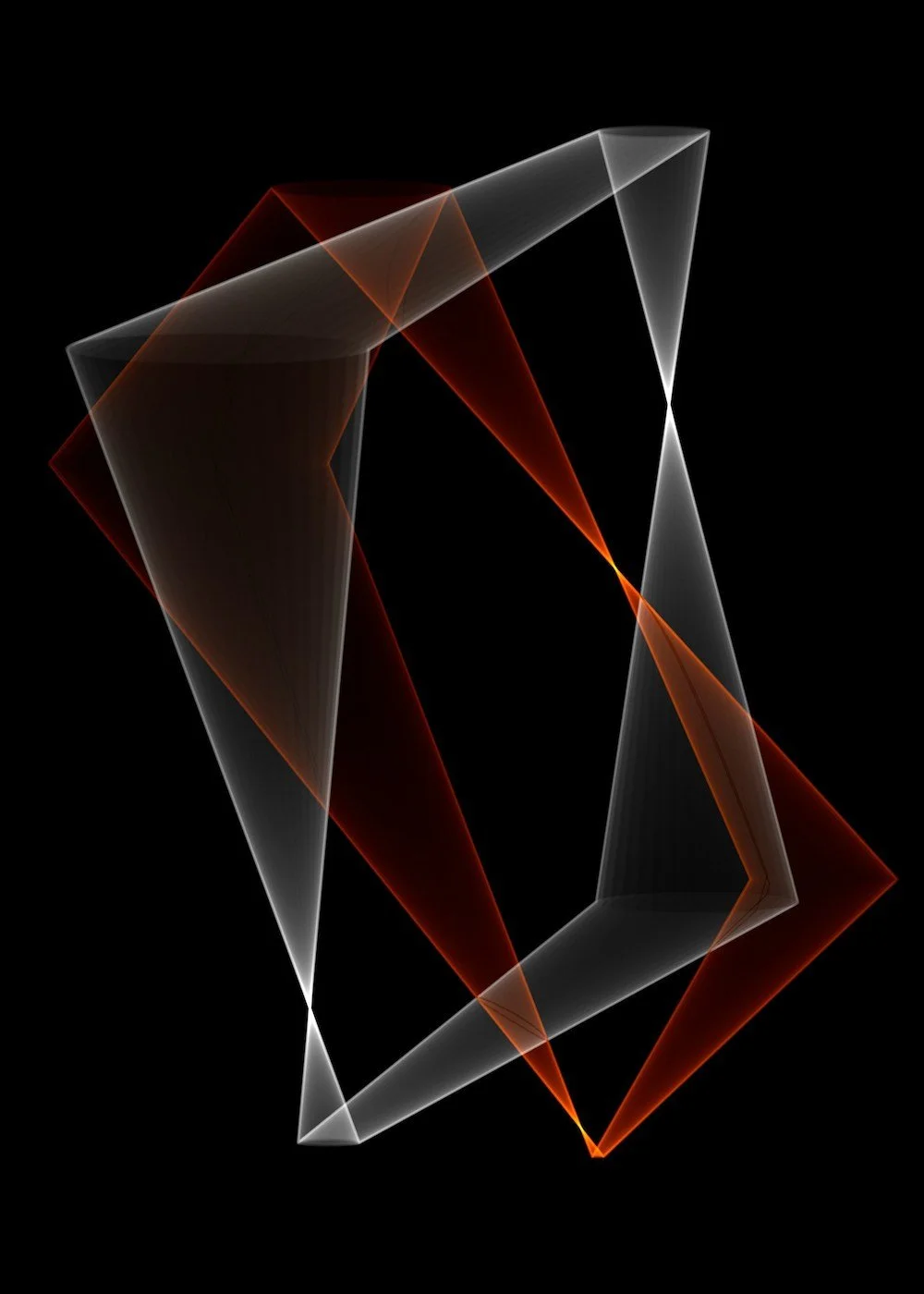 Abstract digital artwork with geometric shapes in red, white, and black colors, forming a three-dimensional diamond-like structure against a black background.