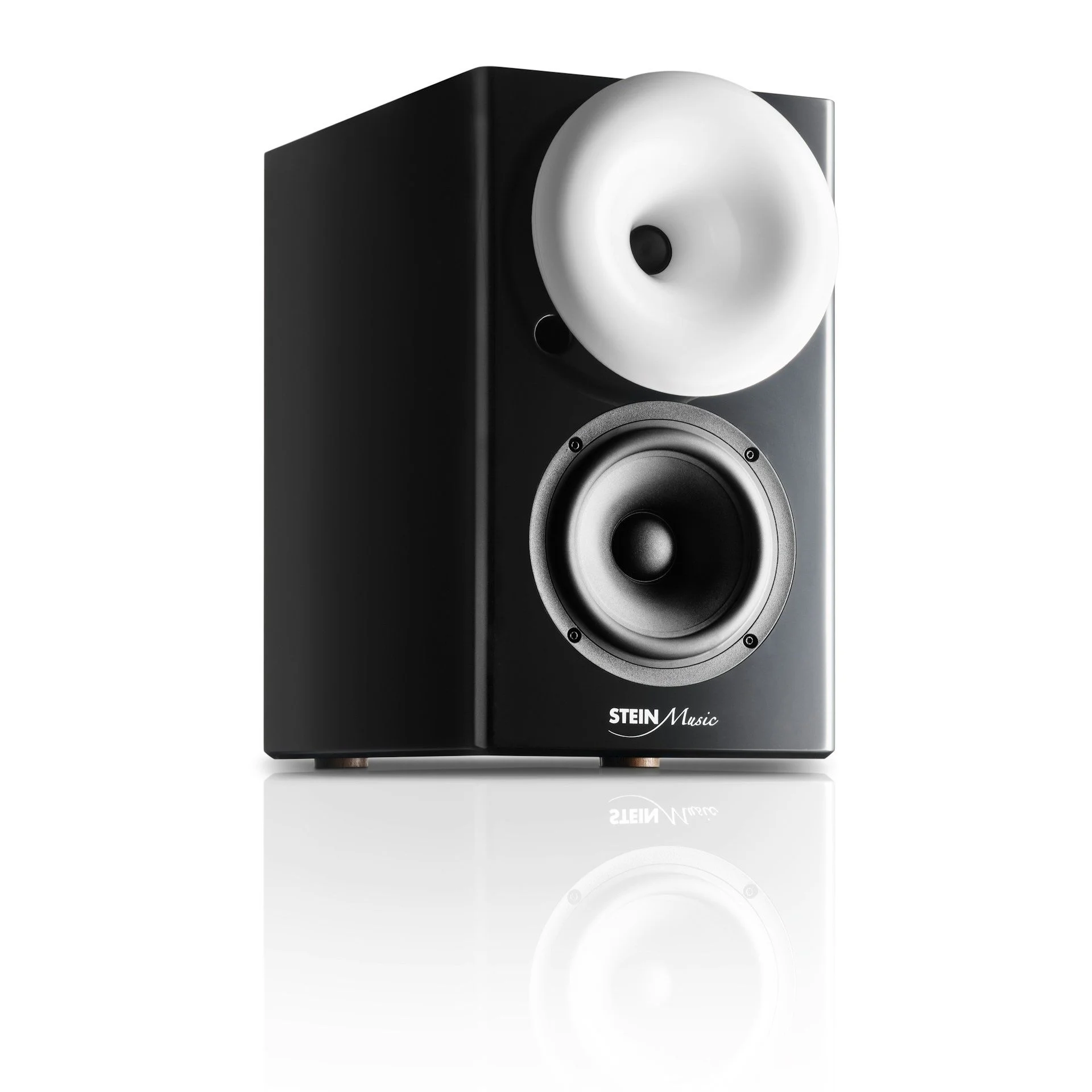 Black studio monitor speaker with white horn and silver woofer, branded STEIN Music, on a reflective white surface