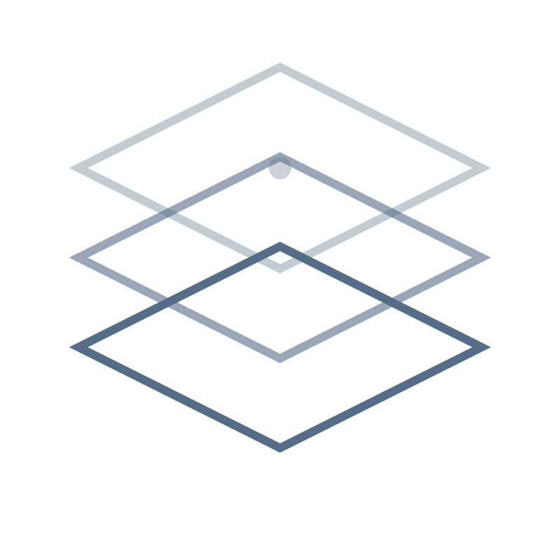 Isometric illustration of four layered technology or cloud-based service diagrams connected in sequence.