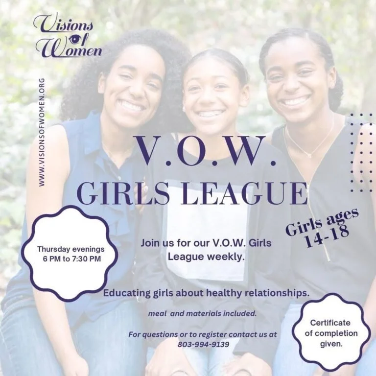 Promotional flyer for V.O.W. Girls League hosted by Visions of Women, featuring a smiling diverse group of girls, ages 14-18, with details about weekly meetings, healthy relationships, fees, and contact information.