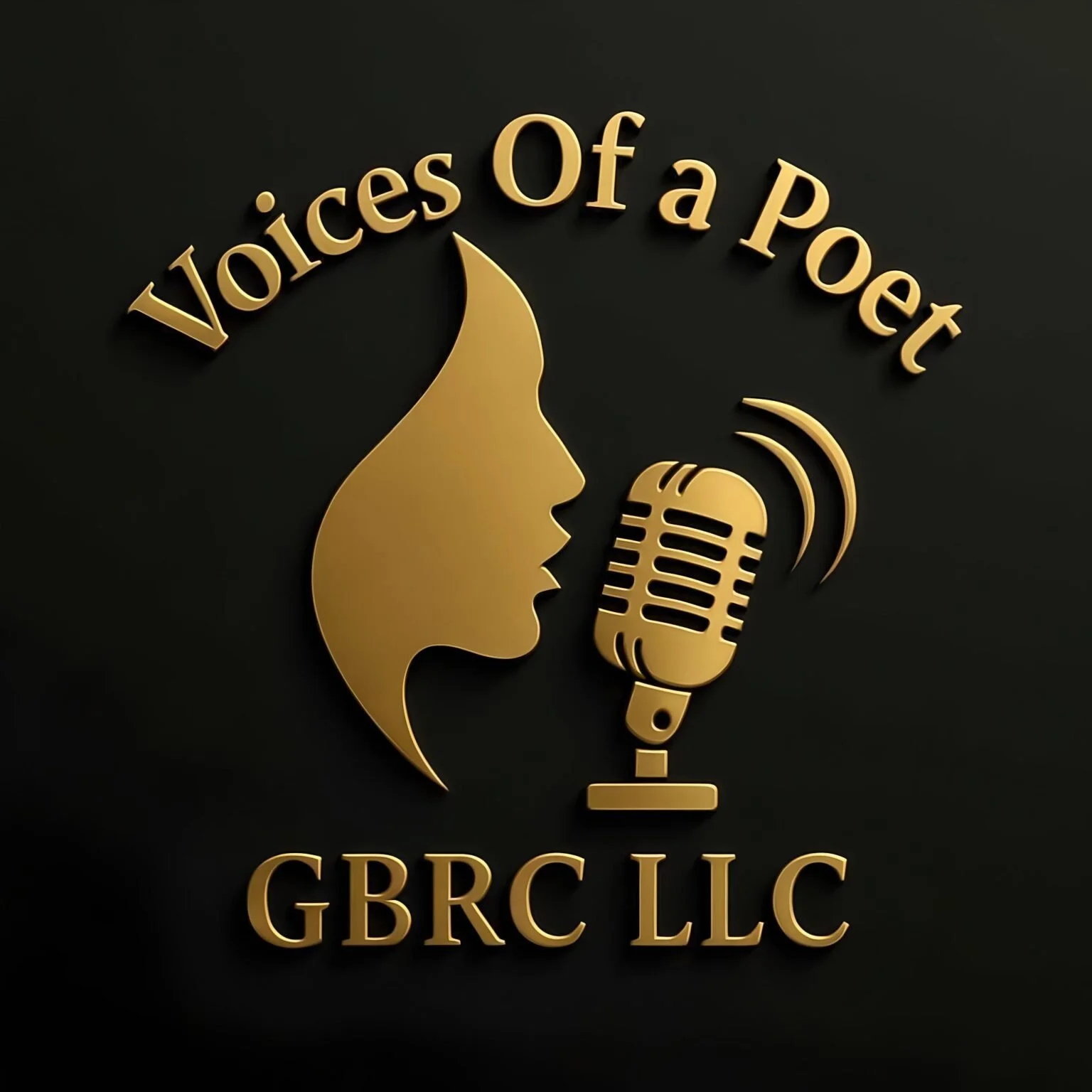 Gold emblem with a woman's face profile, a vintage microphone, and the text 'Voices Of a Poet' and 'GBRC LLC' on a black background.