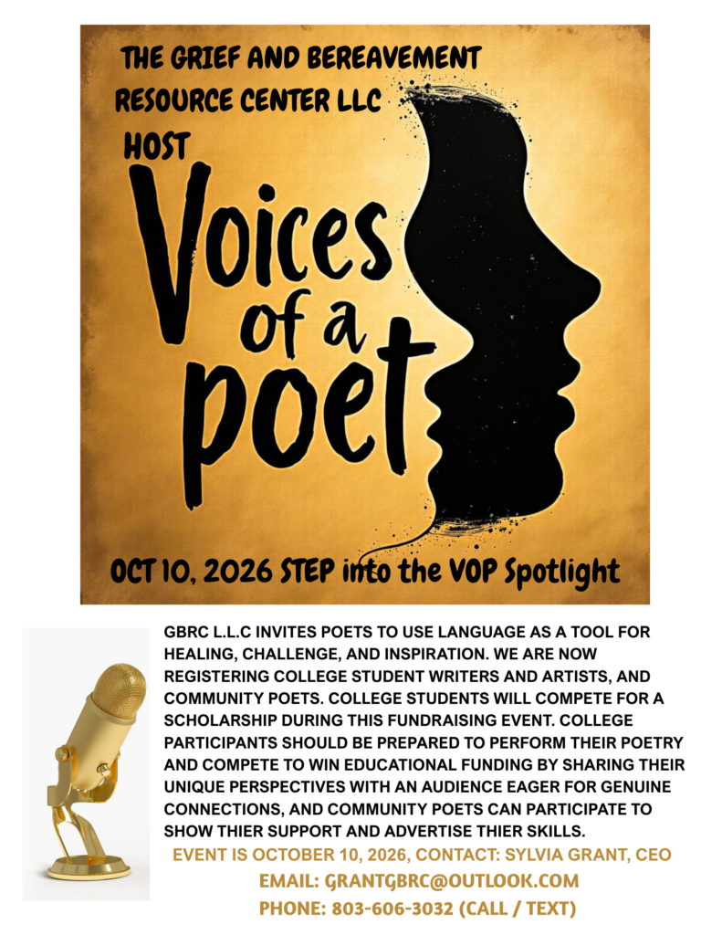 Promotional poster for 'Voices of a poet' event hosted by The Grief and Bereavement Resource Center LLC, scheduled for October 10, 2026, encouraging college student poets to participate in storytelling, healing, and community engagement through poetry.