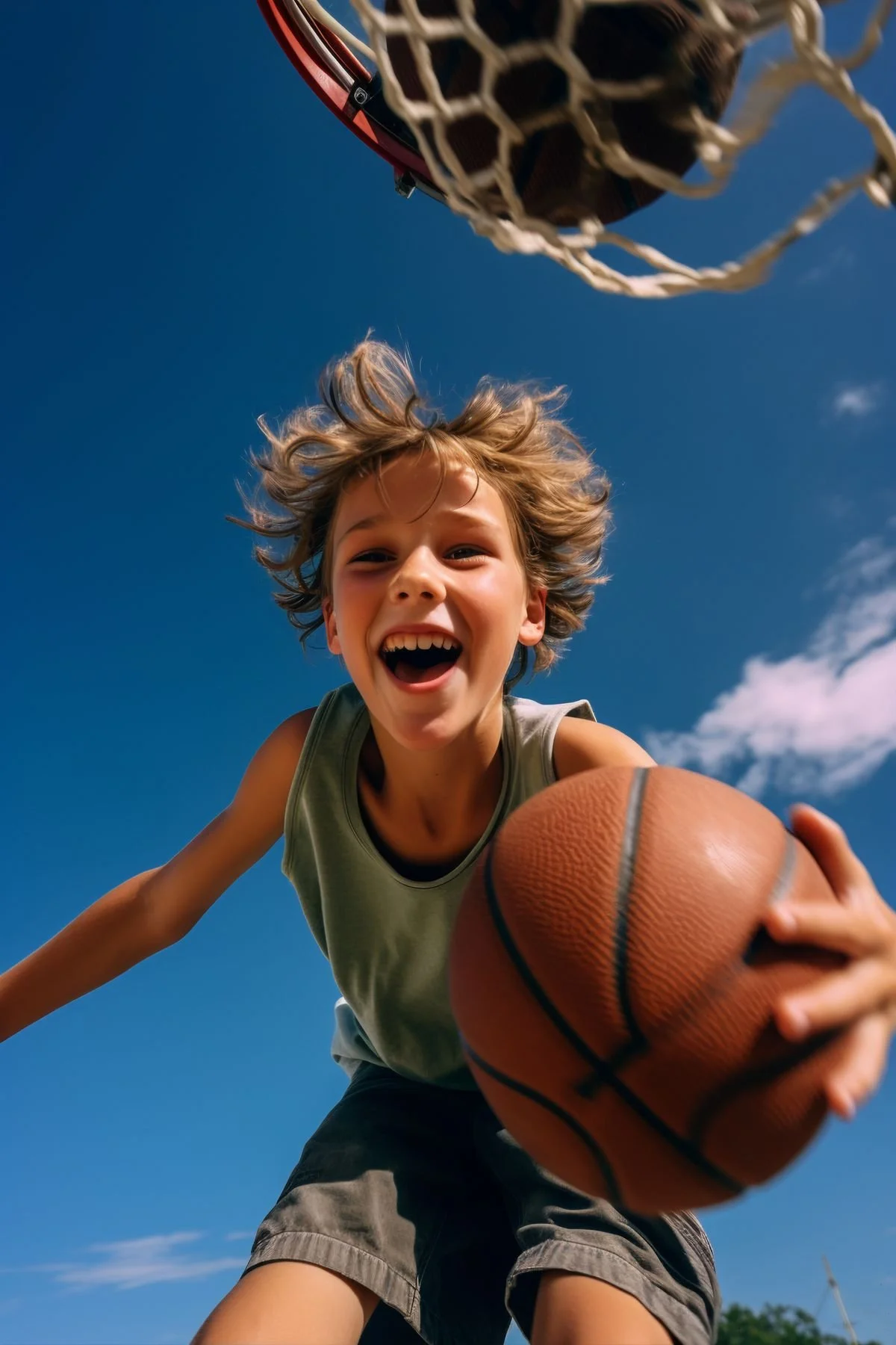 Young boy with curly hair smiling and reaching out with a basketball during a game on an outdoor court on a sunny day.