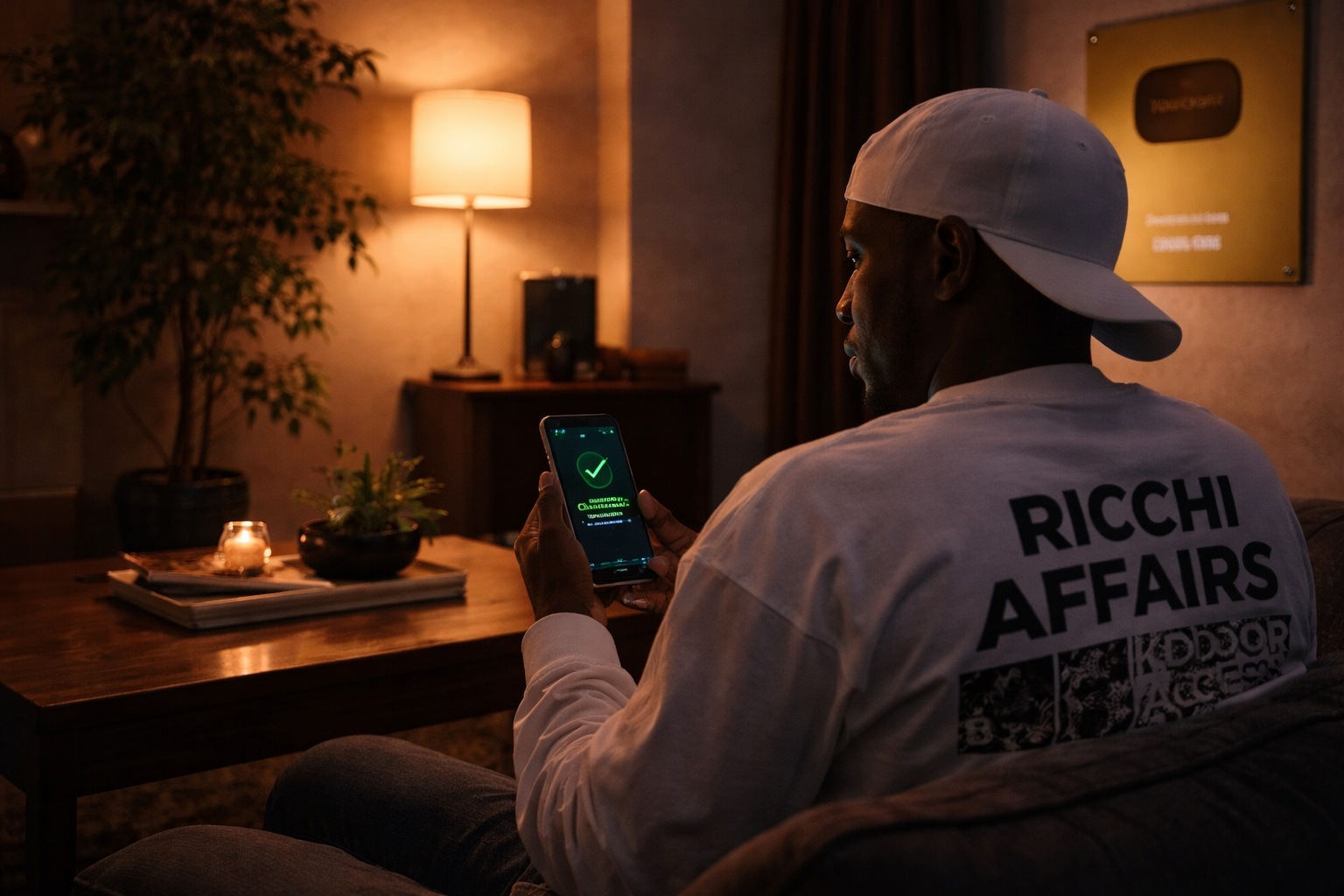 Rax sitting on a couch at night in a softly lit living room, holding his phone showing “Project Exported Successfully,” with a YouTube Gold Play Button reading “Raxofficial” mounted on the wall near the curtains.