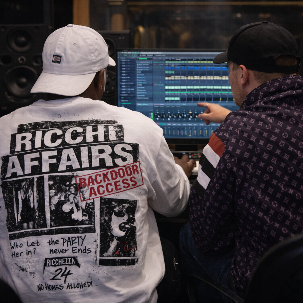 FirestarOfficial and RaxOfficial producing music together in FL Studio, collaborating on a beat in a modern recording studio.