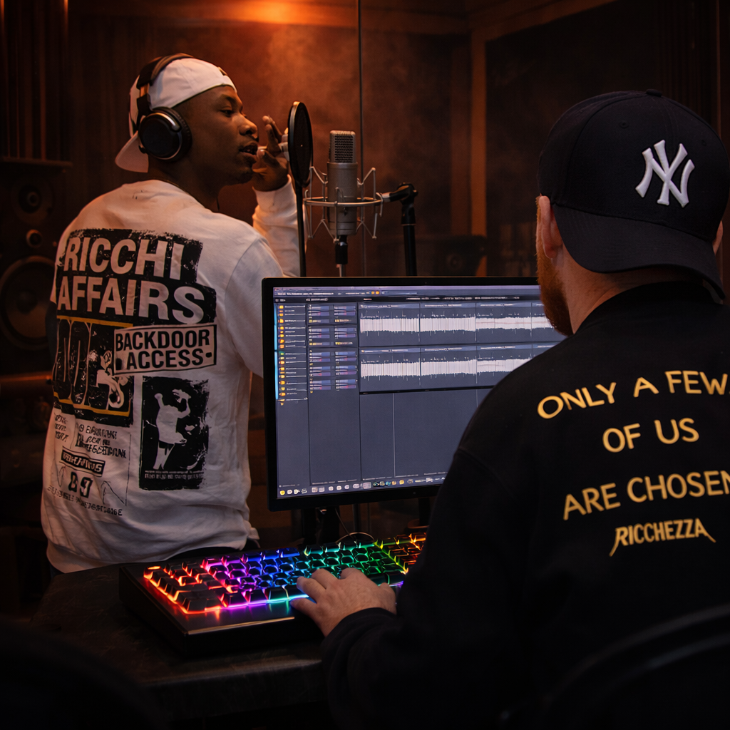 Rax performing vocals in firestarofficial music studio, wearing headphones and rapping into a condenser microphone inside the booth, while Firestar sits at the computer screen producing and recording the session.