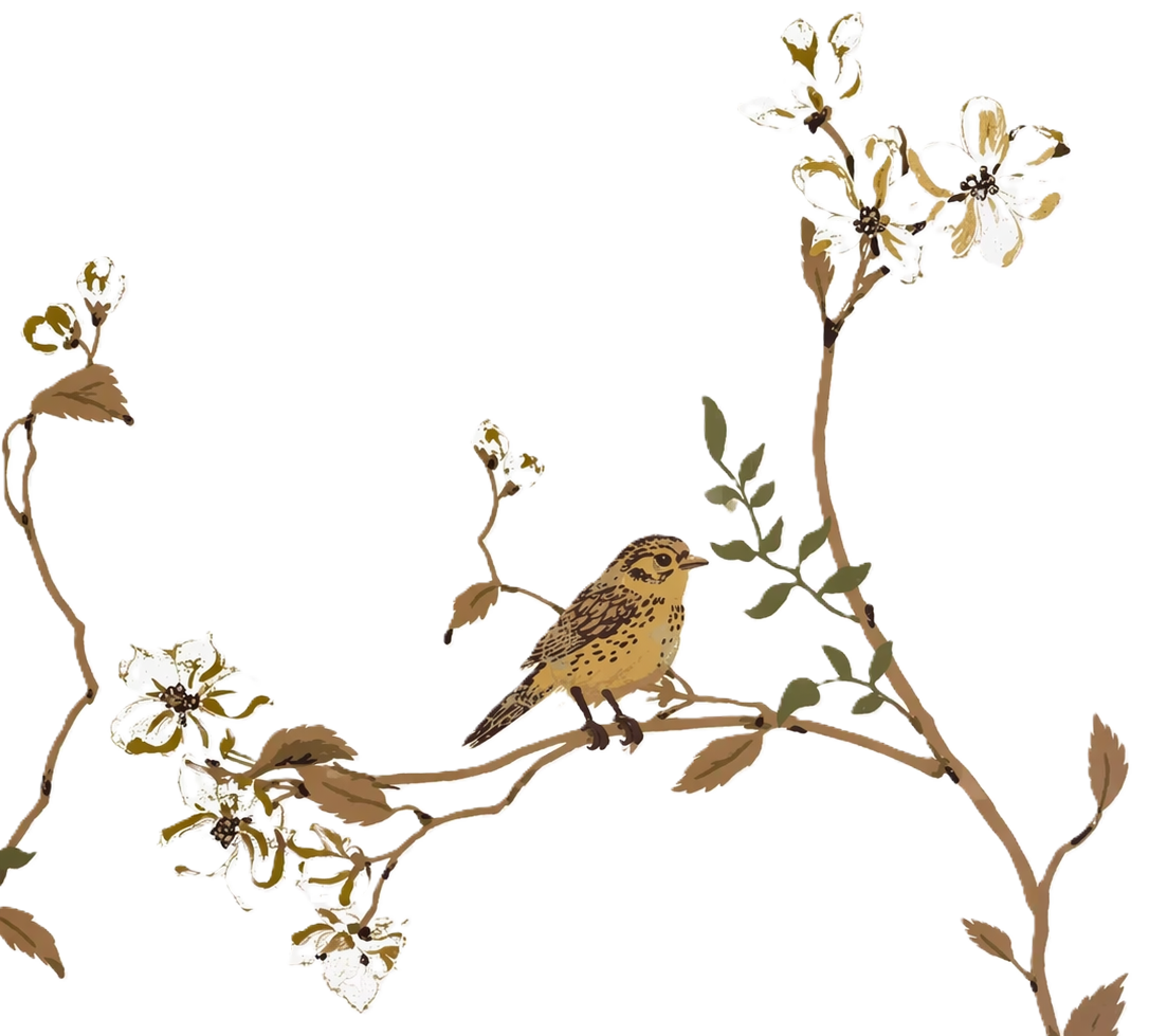 Illustration of a bird sitting on a branch with white flowers and green leaves, against a pale background.