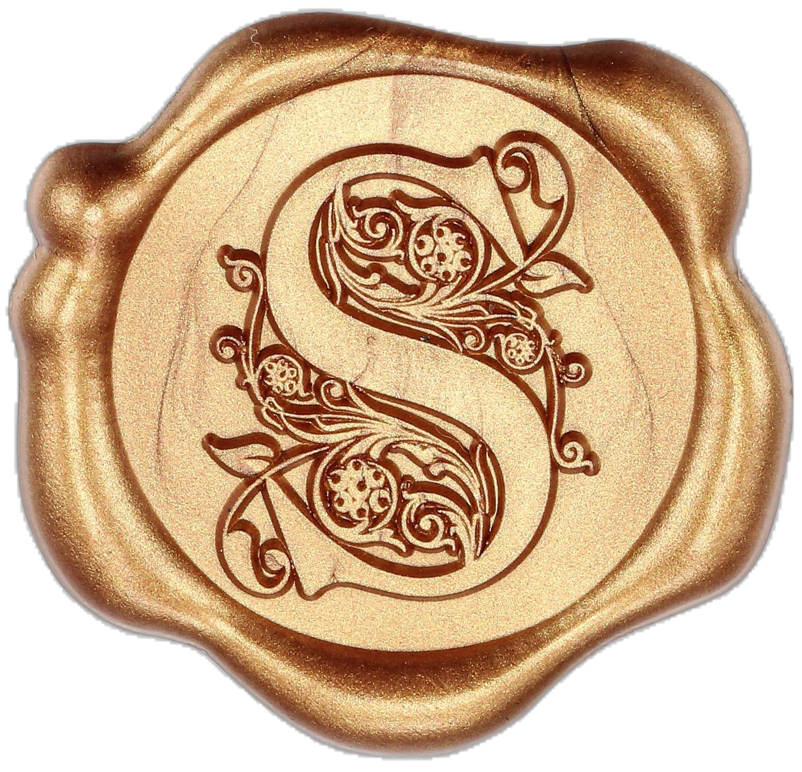 Gold seal with an ornate, decorative letter 'S' engraved in the center, surrounded by floral and swirling patterns.