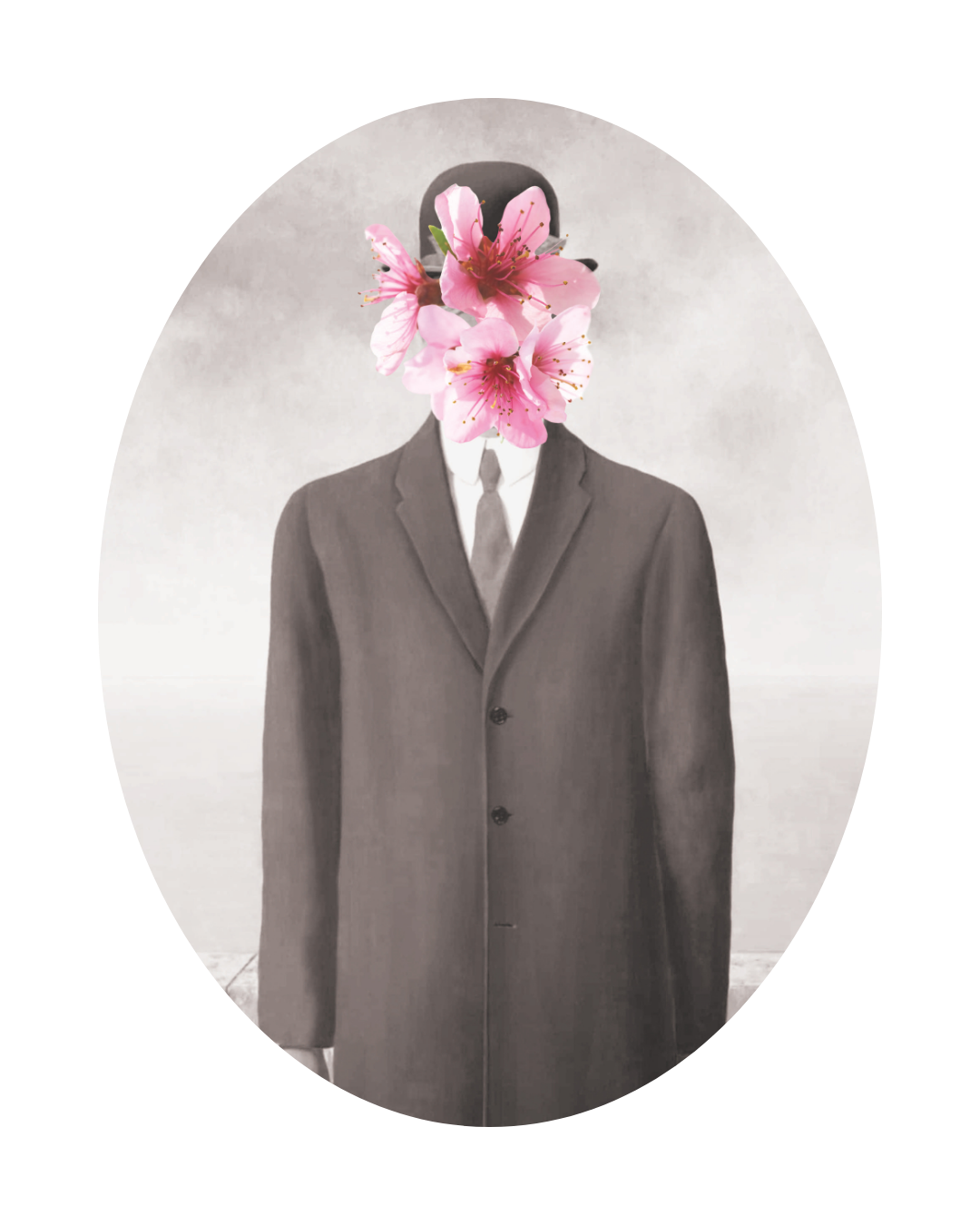 A person in a suit with a head replaced by pink flowers in this surreal image.