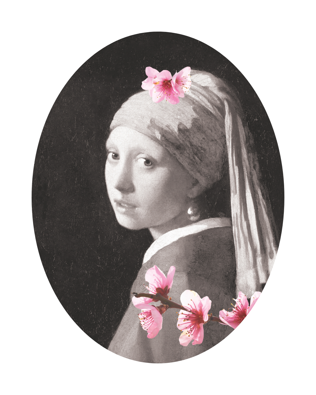 An old black-and-white portrait of a woman wearing a headscarf, decorated with pink flowers and blossoms.
