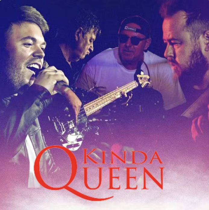 Collage of four male musicians performing with guitars and singing, with the text "Kinda Queen" in red at the bottom.