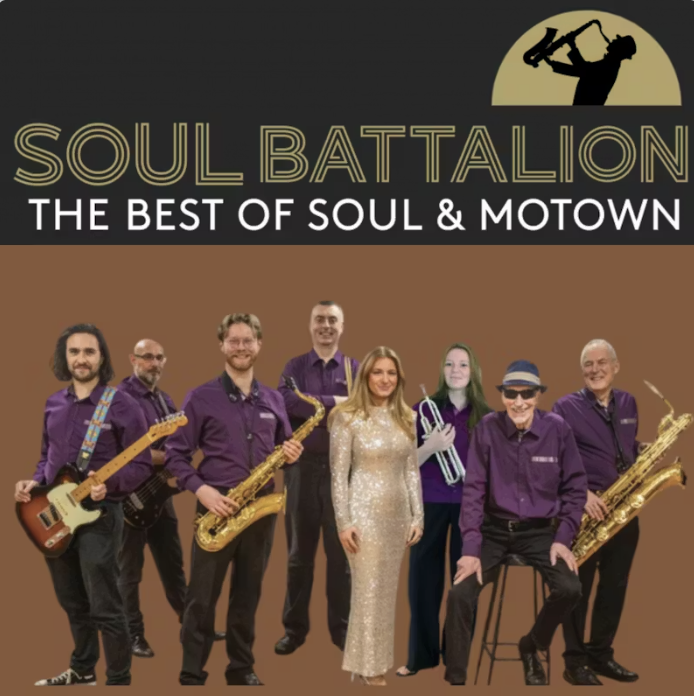 Group photo of seven musicians with instruments, promoting Soul Battalion, a soul and Motown music band.