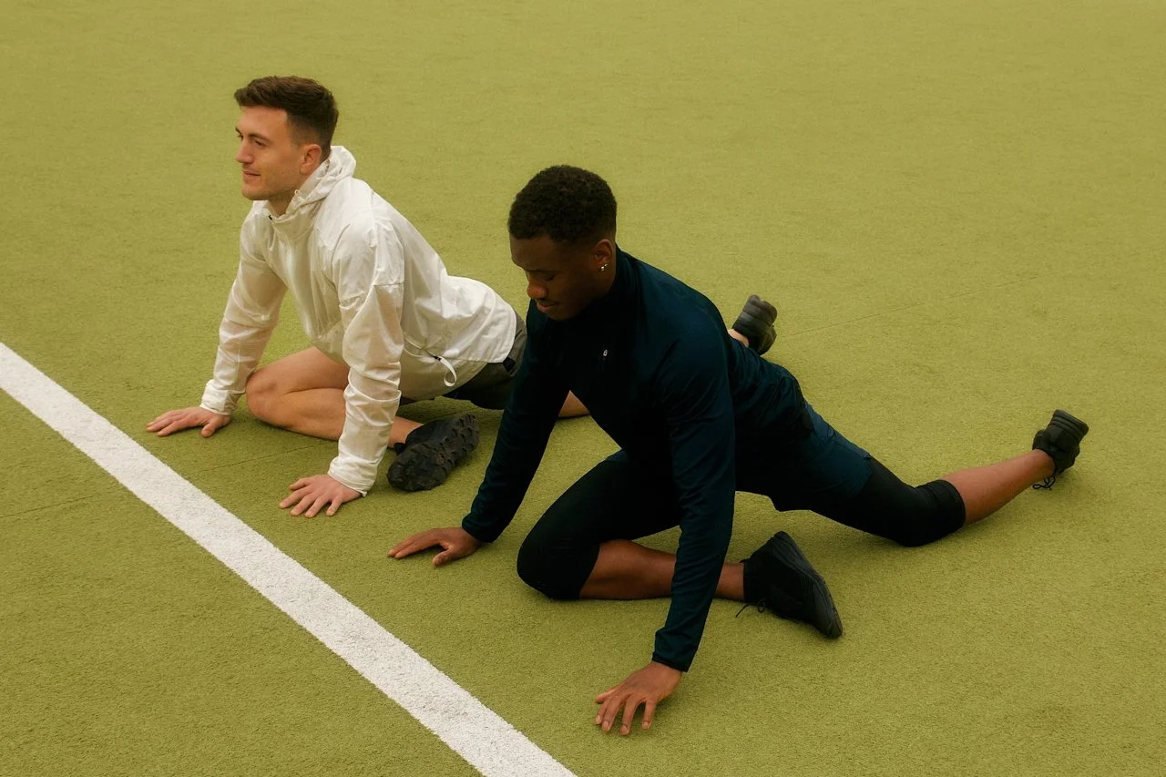 two athletes stretching on a field representing a supportive and wellbeing-focused approach to sport