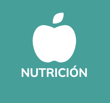 White apple icon with leaf on teal background and the word 'NUTRICIÓN' underneath.