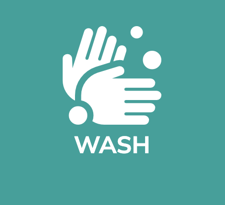 A graphic icon of two hands washing with soap and bubbles, with the word 'WASH' below.