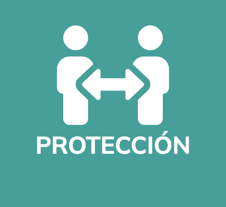 Two figures standing apart with a double-headed arrow between them, emphasizing social distancing, with the word 'PROTECCIÓN' below.