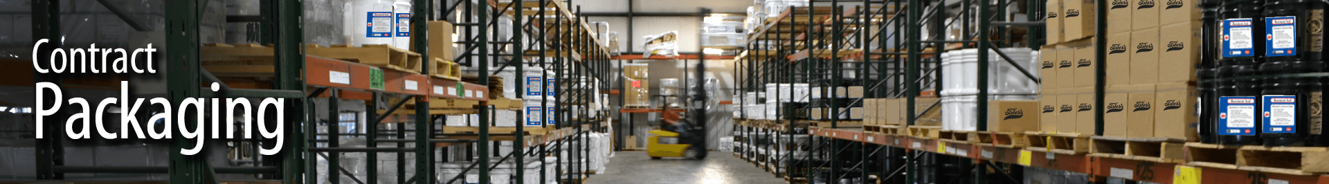Warehouse aisle with stacked boxes and shelves, and a forklift in the background, overlaid with the text "Contract Packaging."