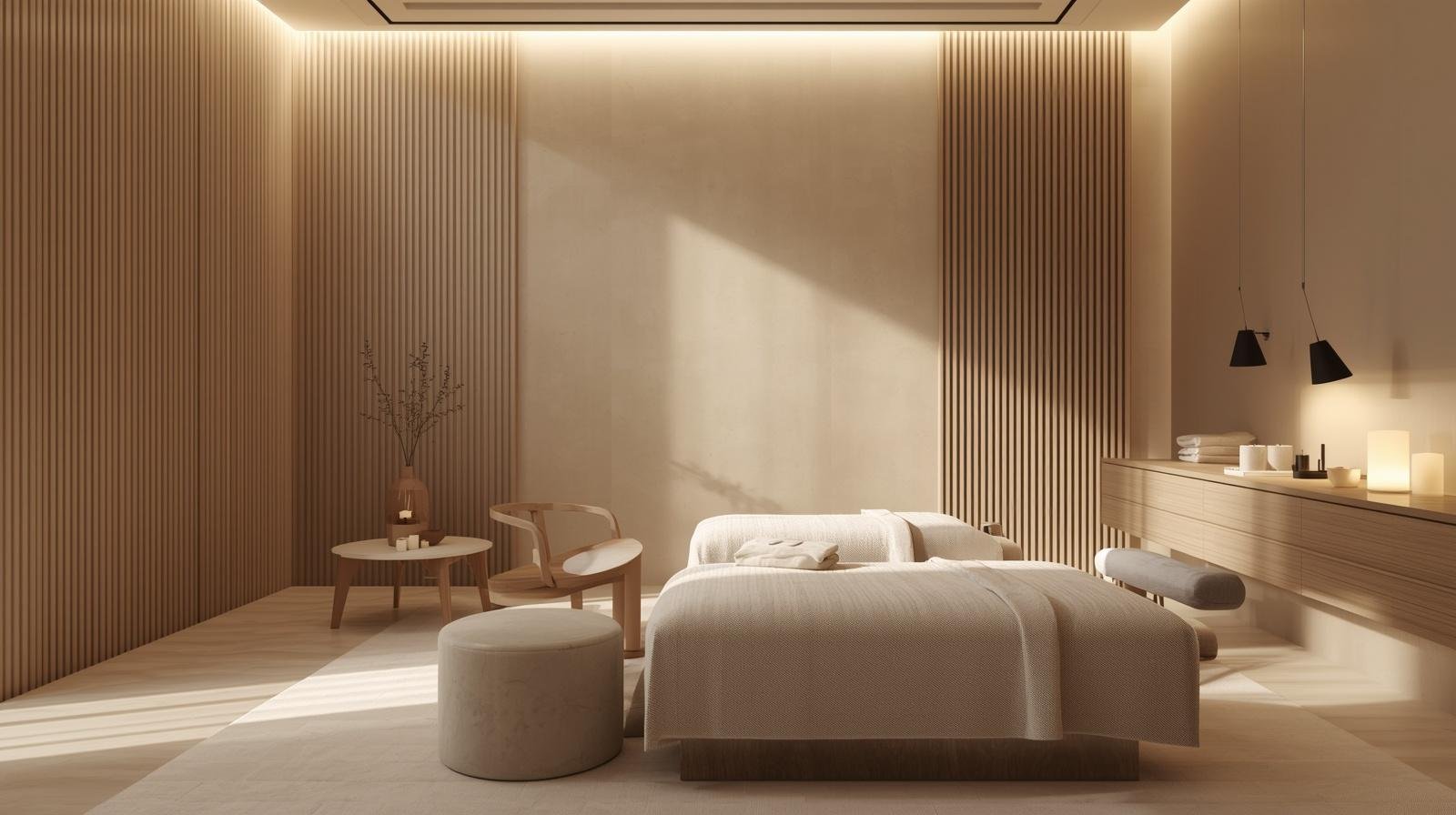 A modern, minimalist spa room with a massage table, wooden side table, and chairs, illuminated by soft lighting and candlelight.