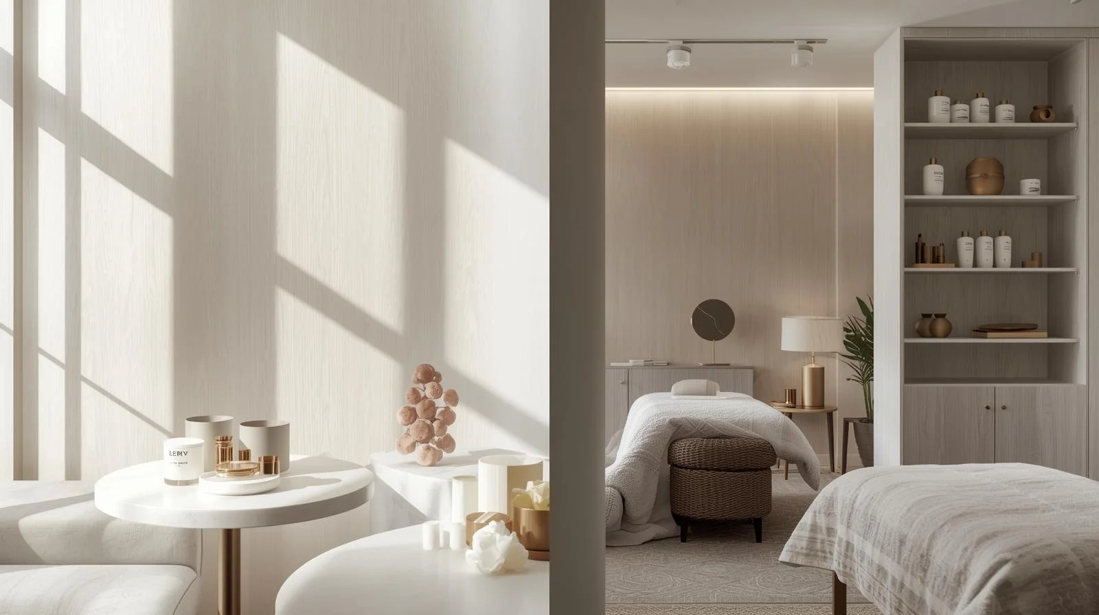 A bright and modern bedroom with minimalist decor, sunlit through large windows, featuring a bed with a beige blanket, a nightstand with a lamp, plants, and a bookshelf with decorative items.