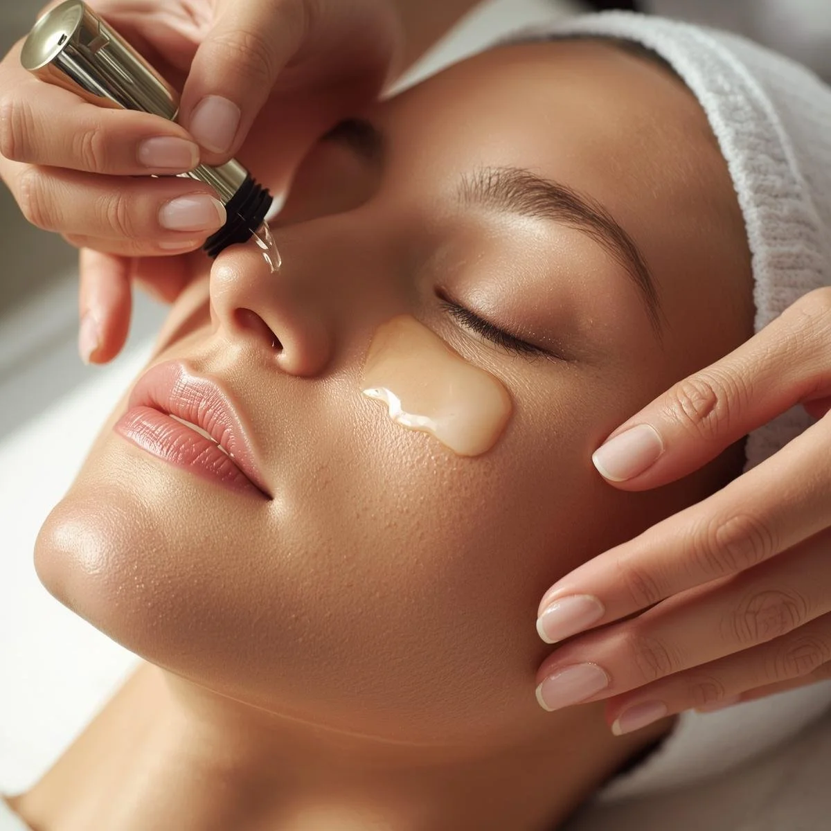 A woman receiving a facial treatment, with a skincare product being applied to her nose and a cream or mask on her cheek, while lying down with her eyes closed.